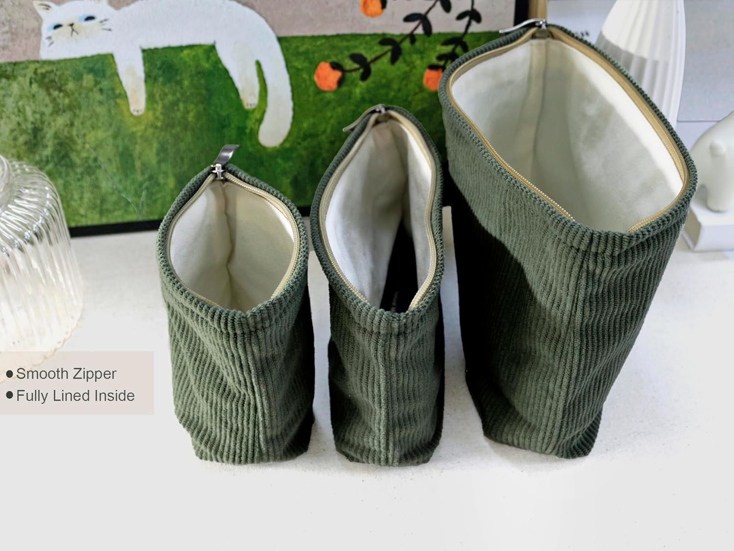 Custom Logo Corduroy Makeup Bag Set 3 Private Label Cosmetic Toiletry Travel Pouch Organizer Large Medium Small Solid Sage Green Manufacturer