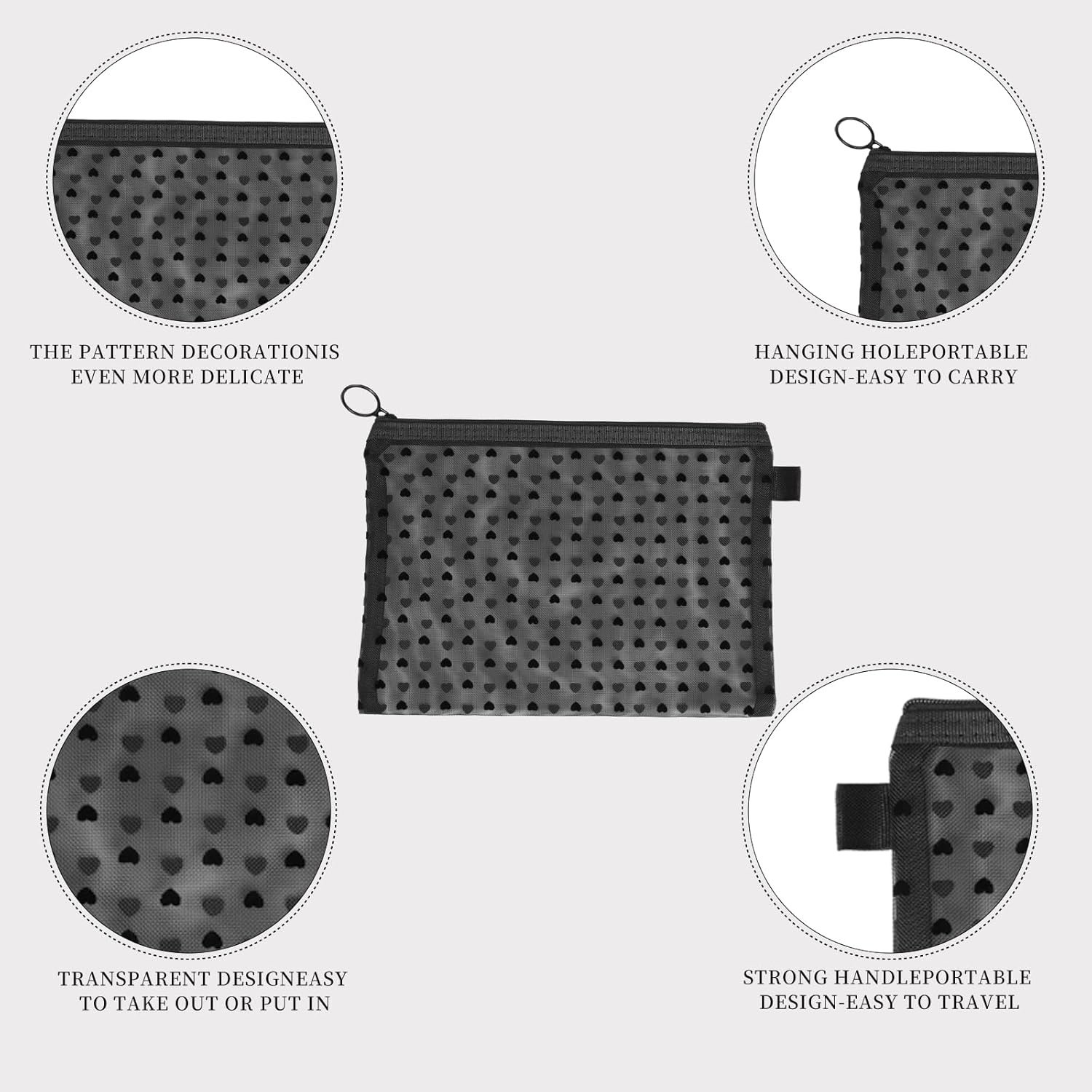 Custom Logo 6-Piece Heart Printed Mesh Makeup Bag Set - Private Label Small Pouches for Purse - Black Makeup Bag Manufacturer