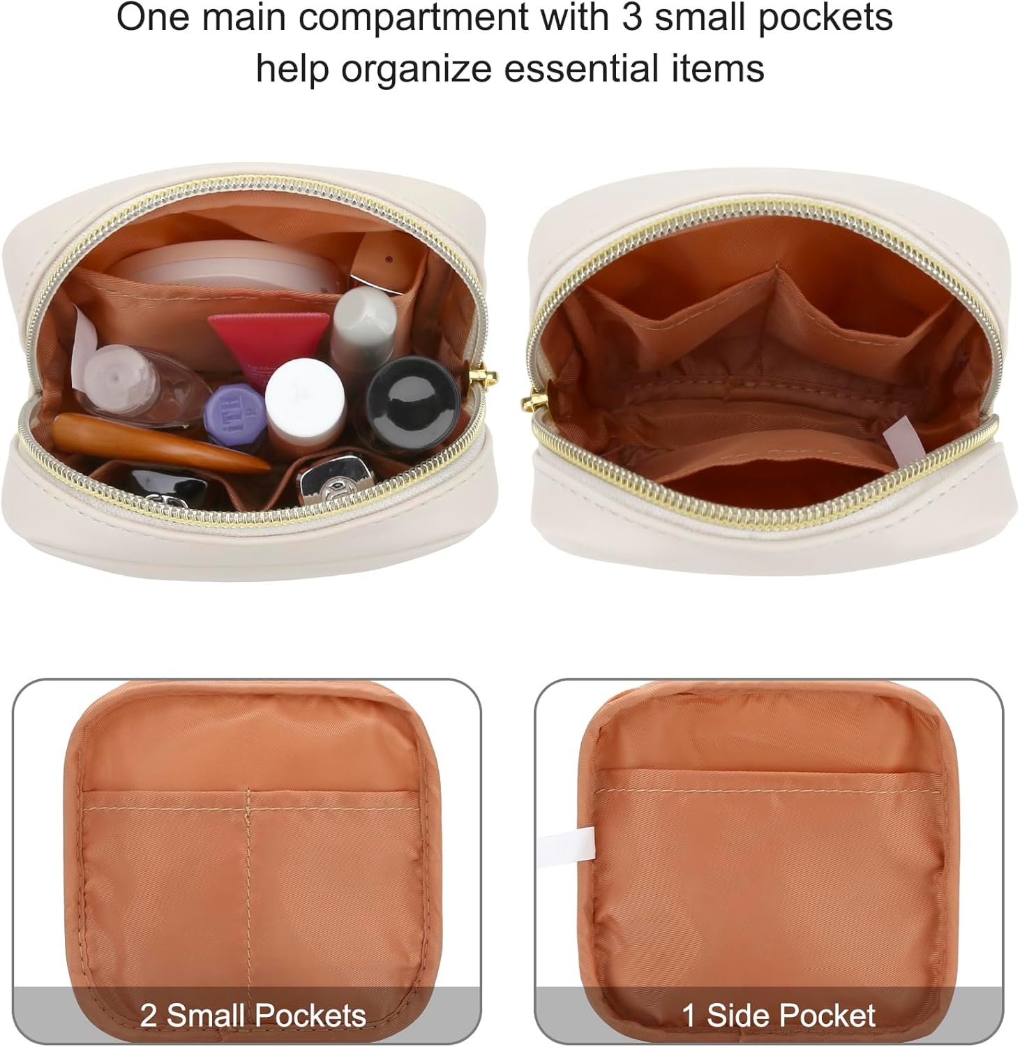 Custom Logo Small PU Leather Makeup Bag for Purse - Private Label Mini Travel Cosmetic Pouch Toiletry Organizer with Interior Pockets Zipper for Women Beige Manufacturer