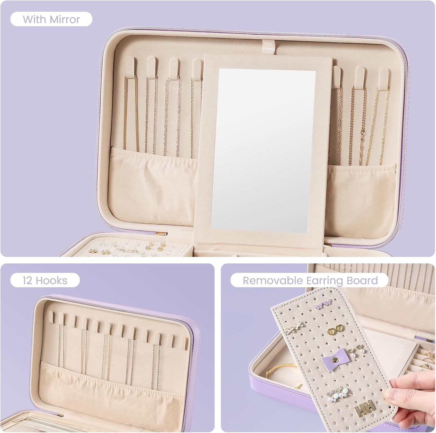 Custom Logo Travel Jewelry Organizer Case with Mirror & Clear Storage Bag for Women Girls, Private Label Portable Earring Necklace Bracelet Ring Box, Large Purple Manufacturer