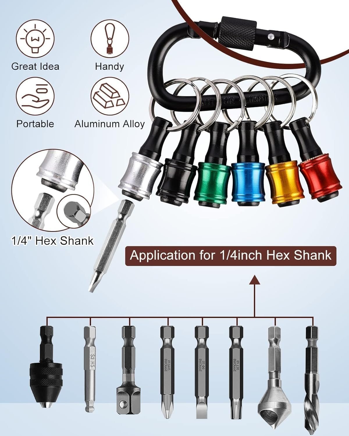 Private Label 6pcs 1/4 Inch Hex Shank Aluminum Alloy Screwdriver Bit Holder Push to Unlock Light-Weight Quick-Change Extension Bar Keychain Drill Screw Adapter Custom Logo Portable Black Carabiner Manufacturer