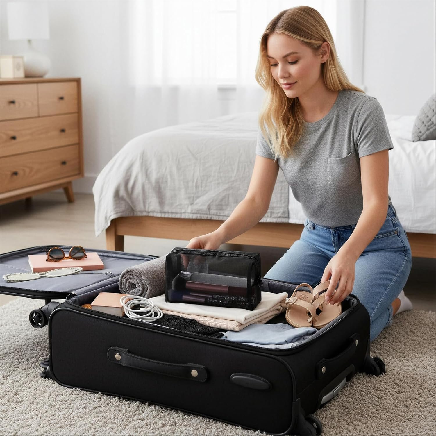 Private Label Mesh Makeup Bags Portable Zipper Nylon Cosmetic Pouch Lightweight Home Office Travel Accessories Custom Logo Black Square Manufacturer