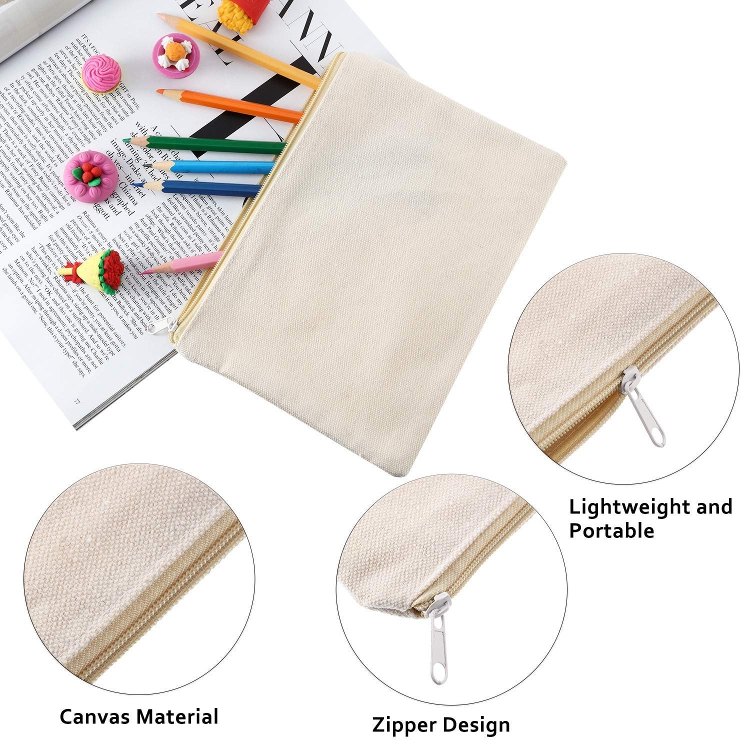 Private Label 16 Pack Blank Canvas Zipper Pouches Bulk Plain Cosmetic Makeup Bags for Sublimation DIY Crafts Custom Logo Multipurpose Travel Toiletry Stationery Storage Organizers (M,Beige) Manufacturer