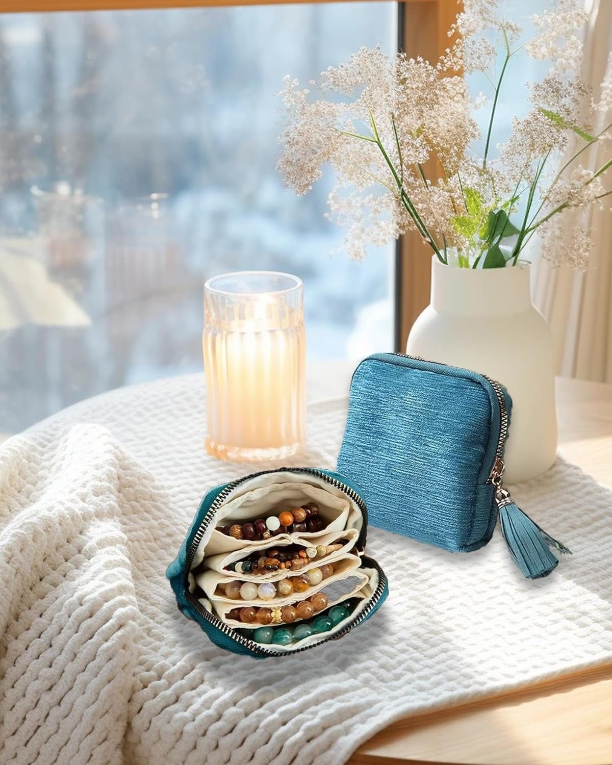 Private Label Valentine's Day Small Travel Jewelry Case, High-End Tassel Velvet Anti-Scratch Custom Logo Zipper Pouch, Large-Capacity Portable Storage Bag for Rings Earrings Bracelets Women's Gift from Manufacturer (Sage Green)