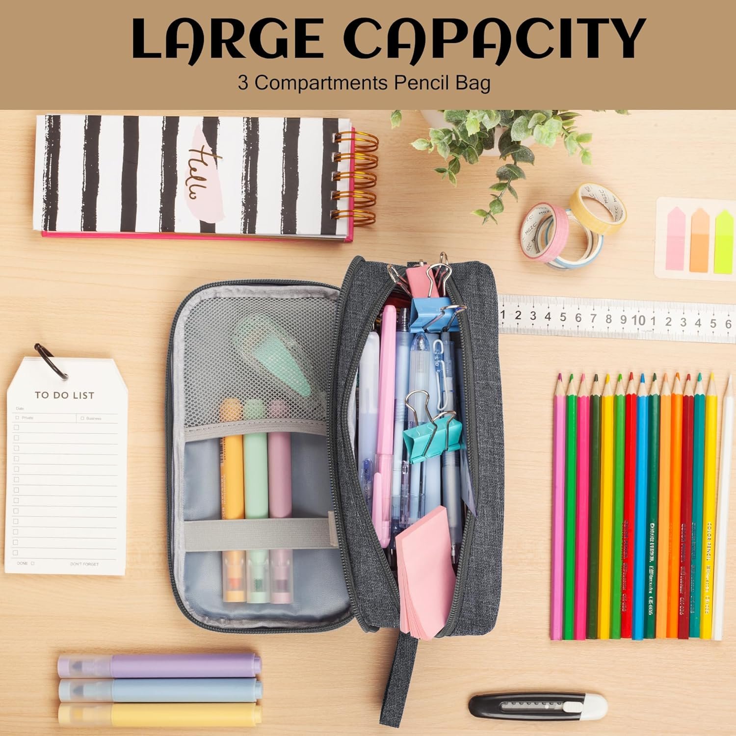 Custom Logo Big Capacity 3 Compartment Pencil Case Large Storage Durable Zipper Pen Holder Private Label School Office Organizer Portable Stationery Factory for Kids Teens Students Boys Girls Adults