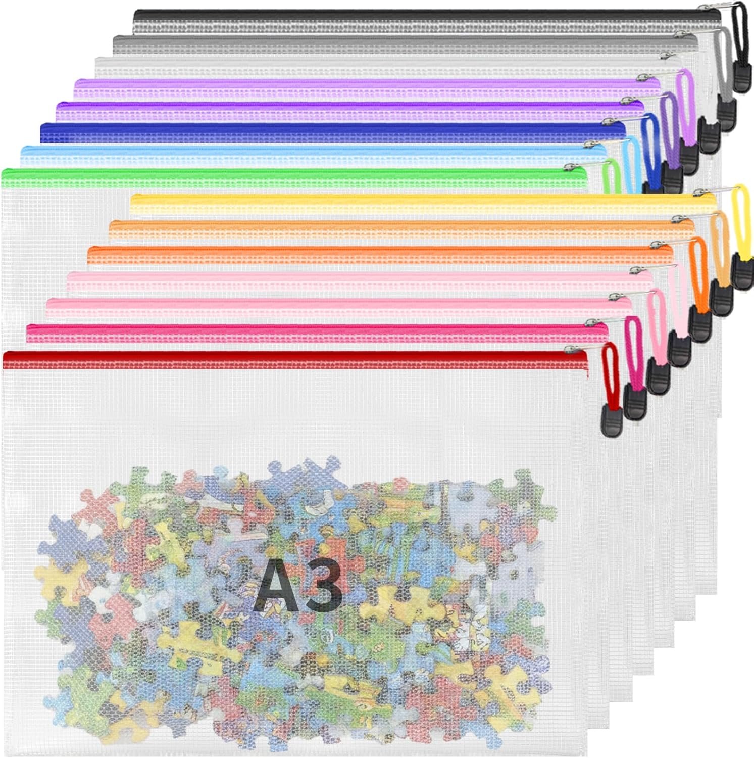 Private Label 15 Pack A3 Mesh Zipper Pouch Bags (16.7x12 in) Custom Logo Large Zipper Storage Pouches for Board Game Puzzle Toy & Travel Organizing Factory Direct
