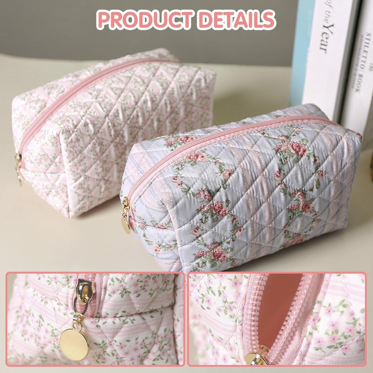 Private Label Floral Quilted Makeup Toiletry Bag with Zipper, Custom Logo Cosmetic Pouch for Daily Travel Skincare, Manufacturer Multipurpose Organizer (Blossom Blush Pink)