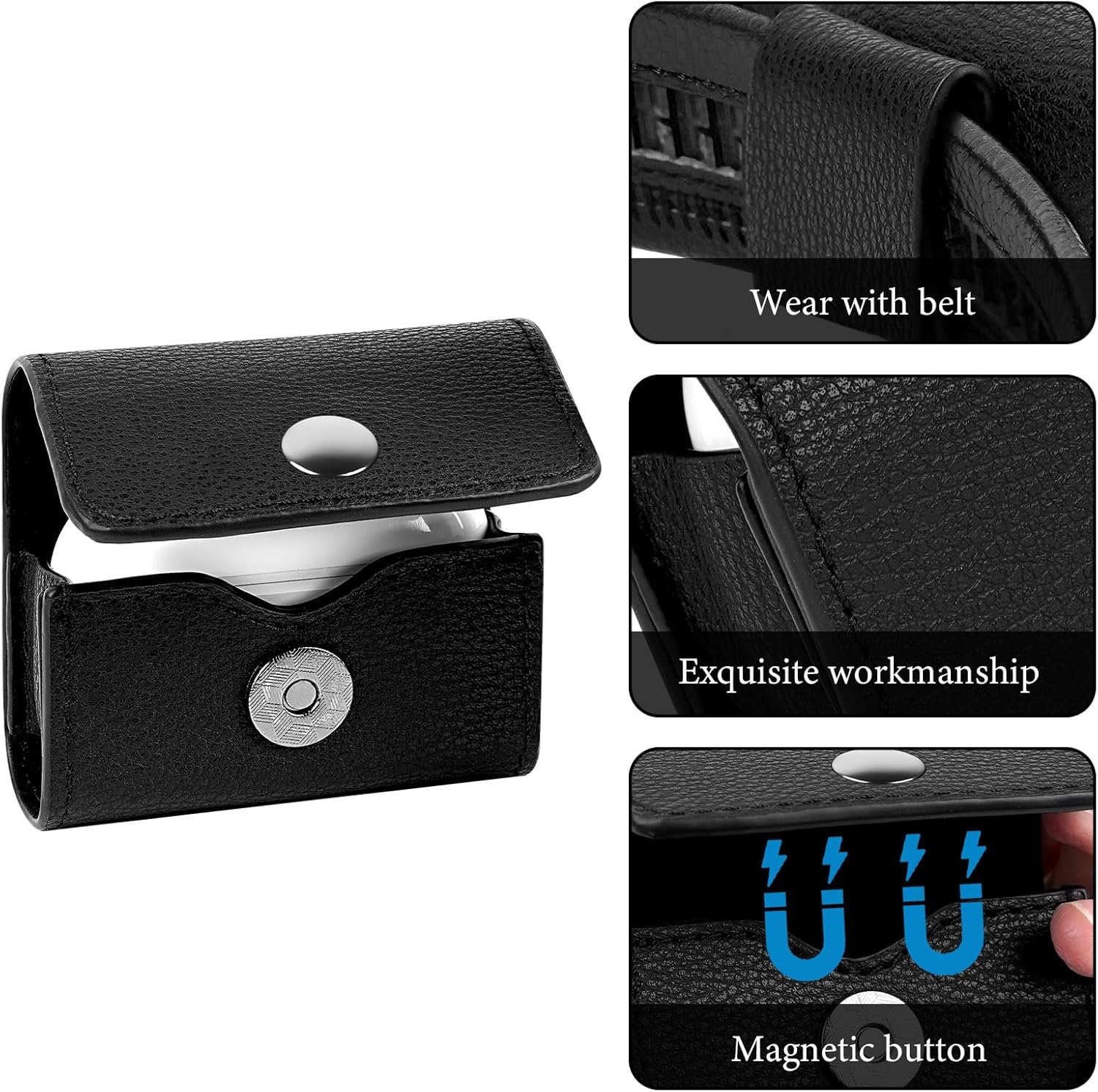 Custom Logo Belt Clip Leather Protective Case Compatible with Apple AirPods Pro 3/2 AirPods 4 Manufacturer Holster Pouch with Belt Loop for Bag Strap Travel Private Label Black