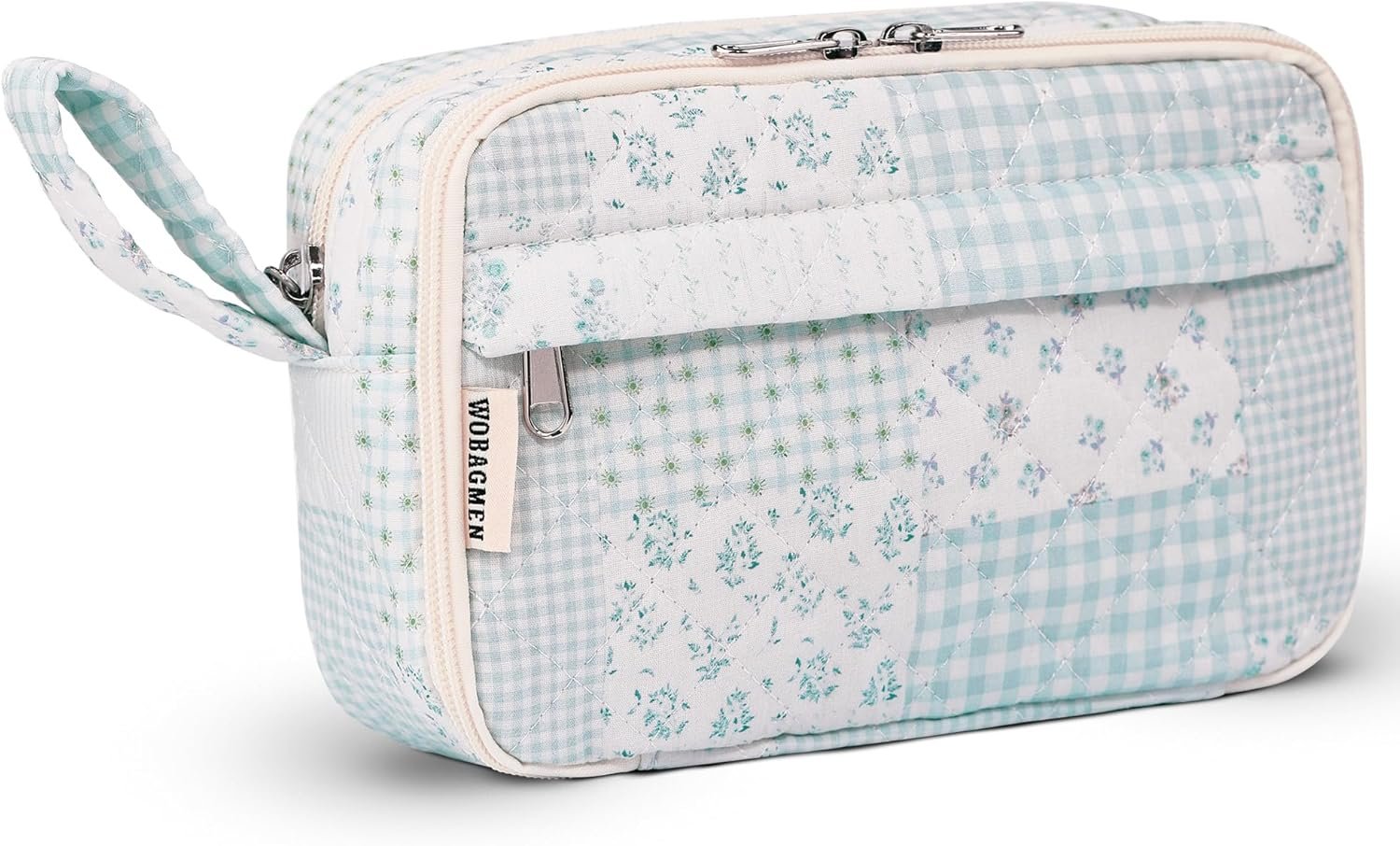 Private Label Large Quilted Pencil Pouch for Girls Women with Custom Logo Compartments Cute Aesthetic Floral Pencil Case Organizer Manufacturer for School Supplies (Green Blue Pin)