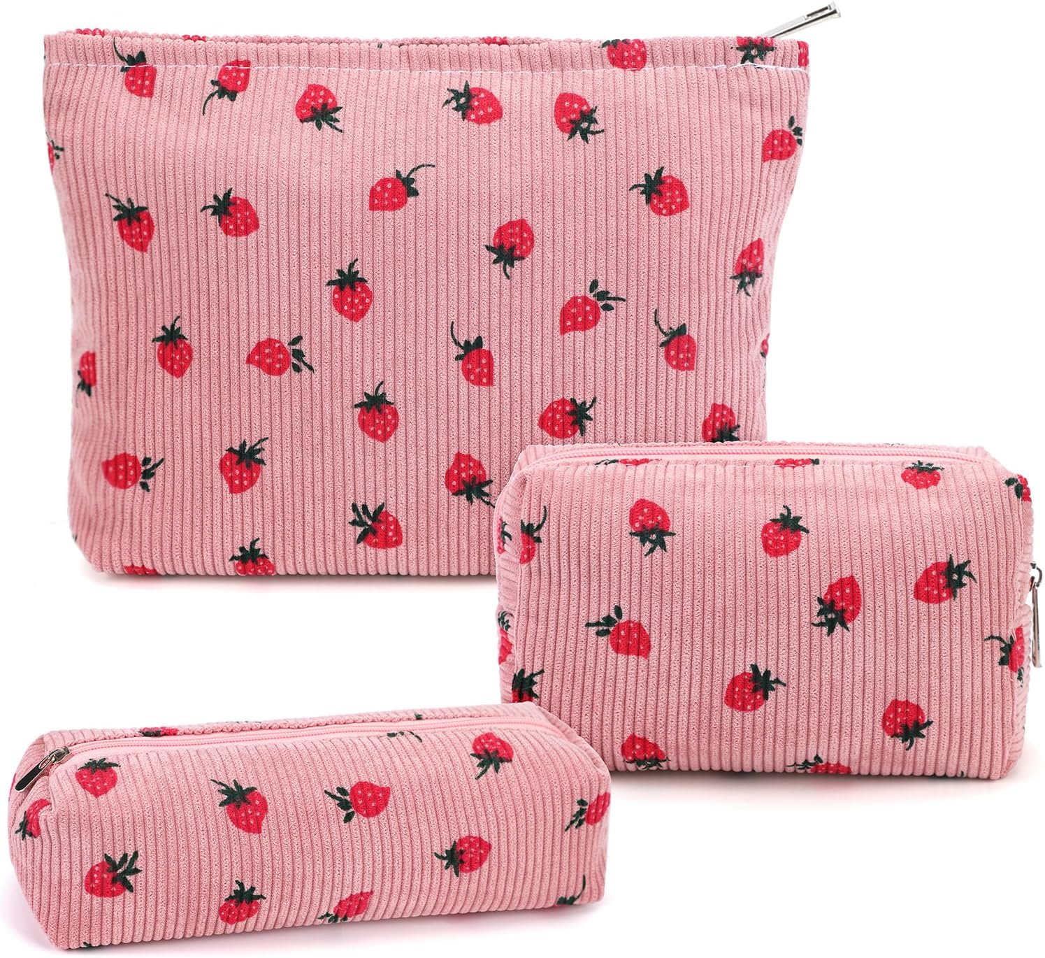 Private Label 3 Pcs Makeup Cosmetic Bag Set Travel Organizer Toiletry Pouch for Women Girls Custom Logo Large Capacity Bathroom Storage Manufacturer Strawberry Pink