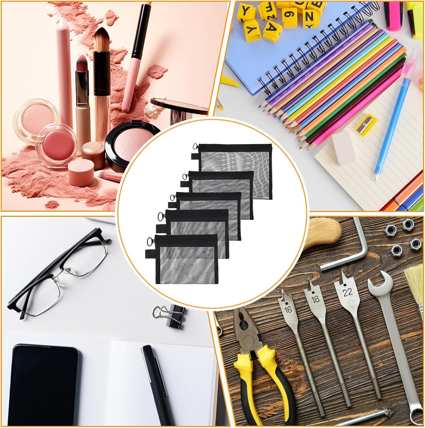 Private Label 5 Pack Small Mesh Zipper Pouches Manufacturer Portable Cosmetic Makeup Travel Toiletry Bags Custom Logo Storage for Home Office Black