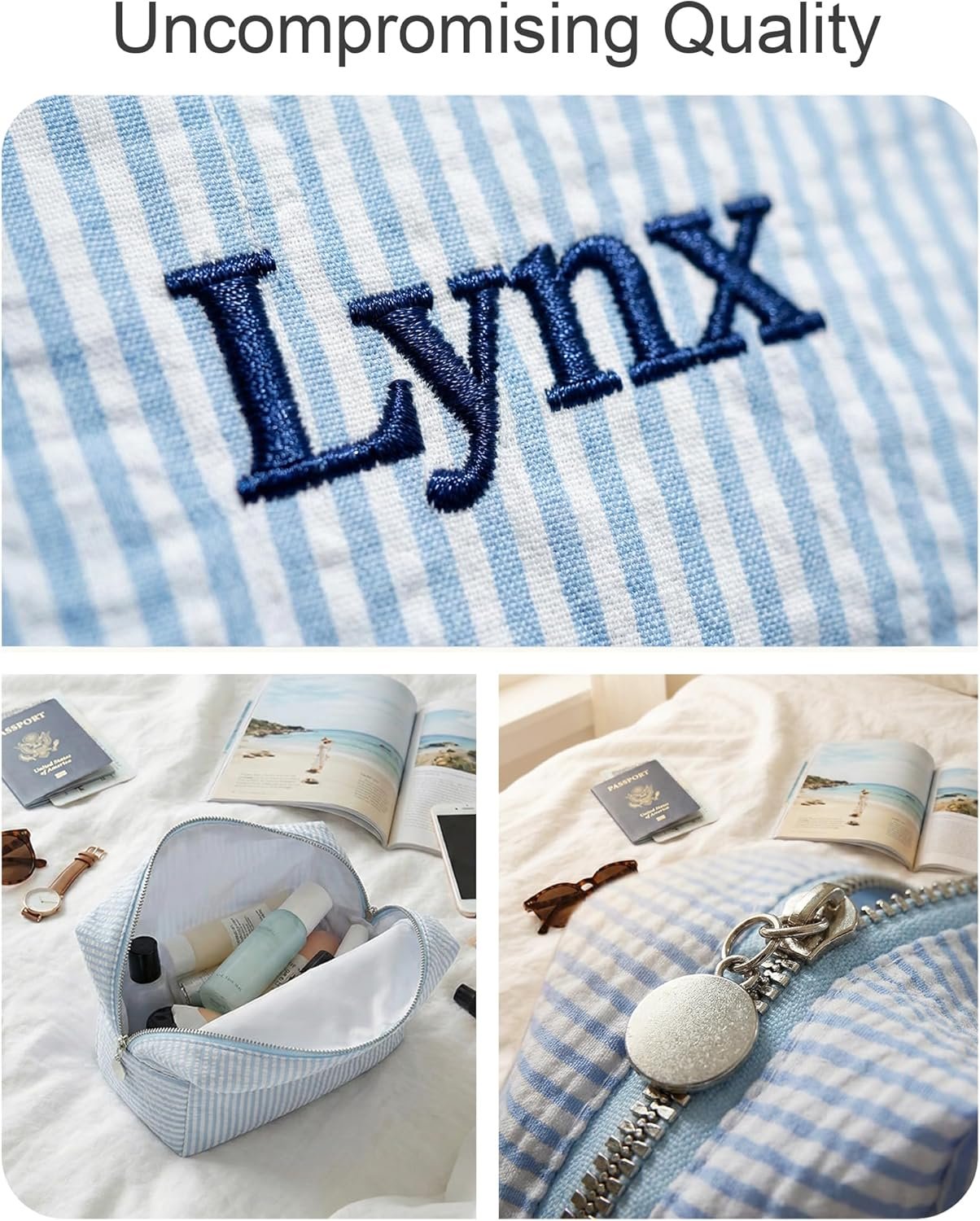Custom Logo Seersucker Cosmetic Bag - Private Label Embroidered Name with Cute Icons - Monogrammed Cotton Striped Makeup Pouch for Bridesmaid Proposal Gifts and Travel Manufacturer