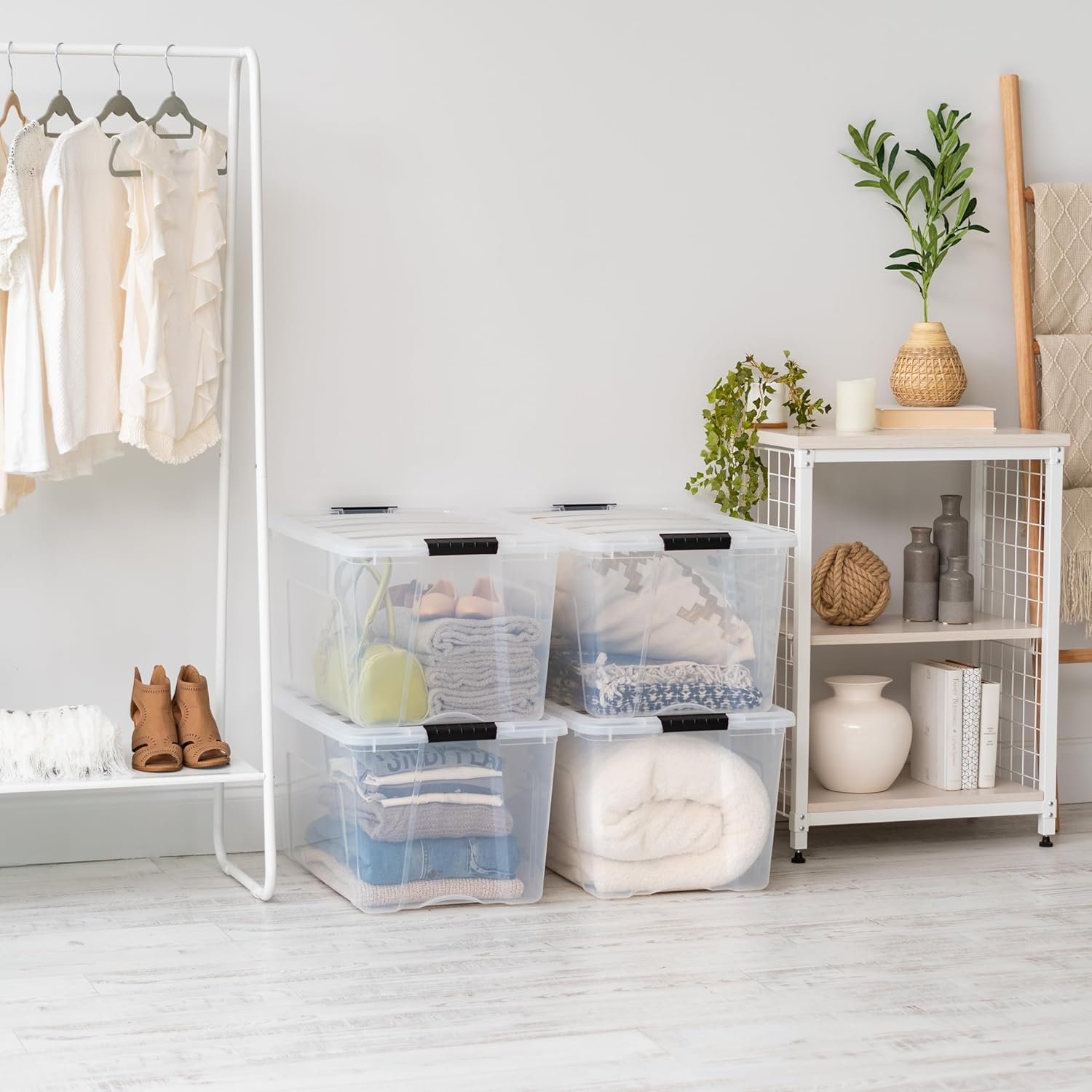 Custom Logo 72 QT Plastic Storage Box with Lid and Latches 4 Pack - Private Label BPA-Free See-Through Durable Nestable Stackable Containers Secure Pull Handle - Clear from Factory