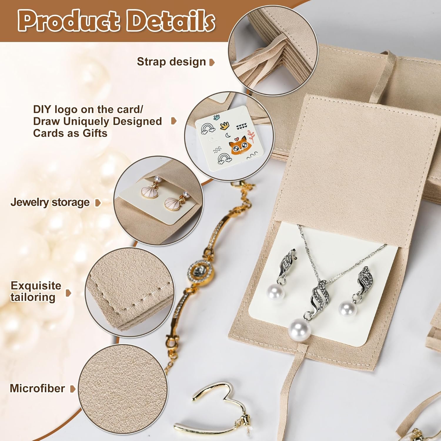 Private Label 80Pcs 40 Sets 8x8cm Beige Microfiber Jewelry Pouches with Dividers for Bracelet Necklace Packaging and 40 Luxury Small Gift Cards Bow Ties Custom Logo Manufacturer