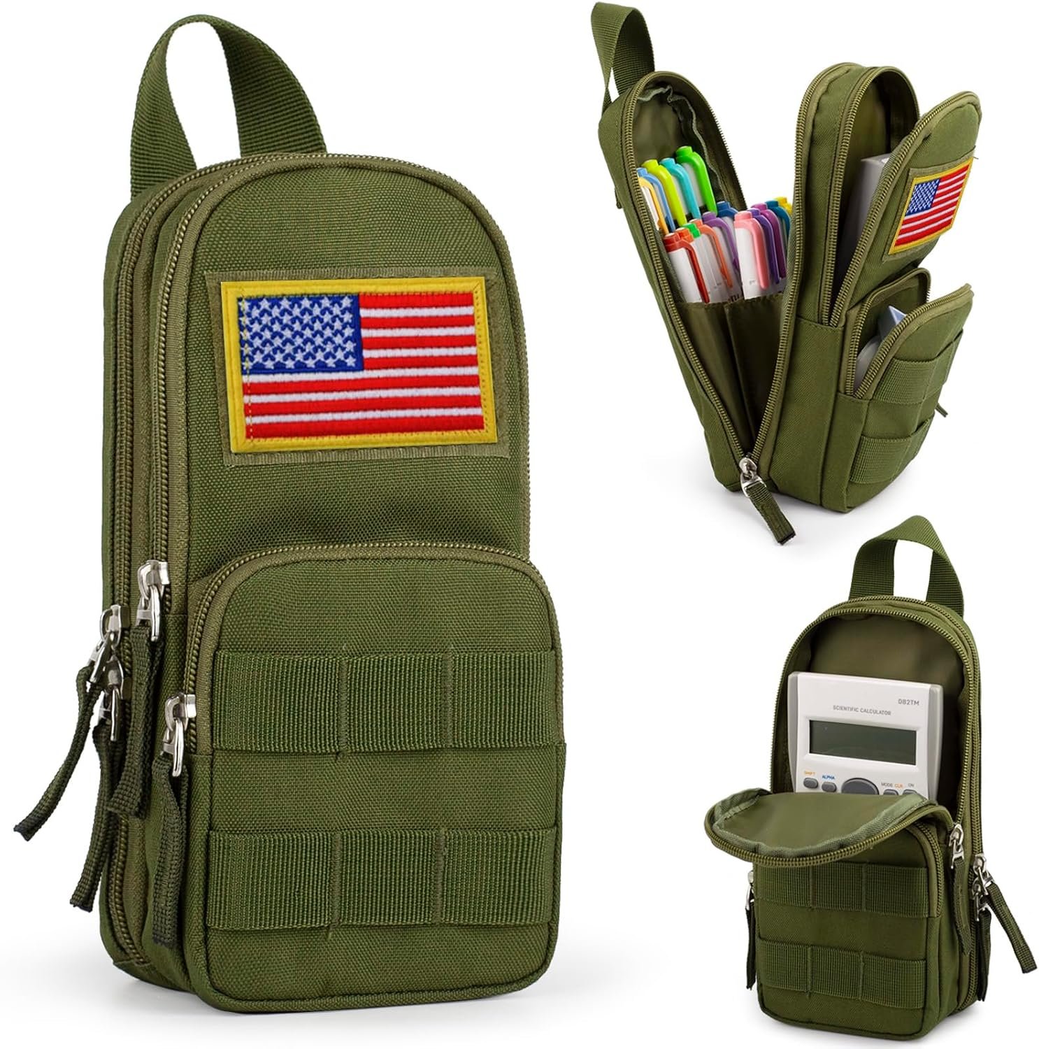 Private Label Large Capacity Tactical Pencil Case Pen Pouch Organizer Canvas Pencil Bag with Handle and Custom Logo for Teen Boys School Supplies Manufacturer - Green