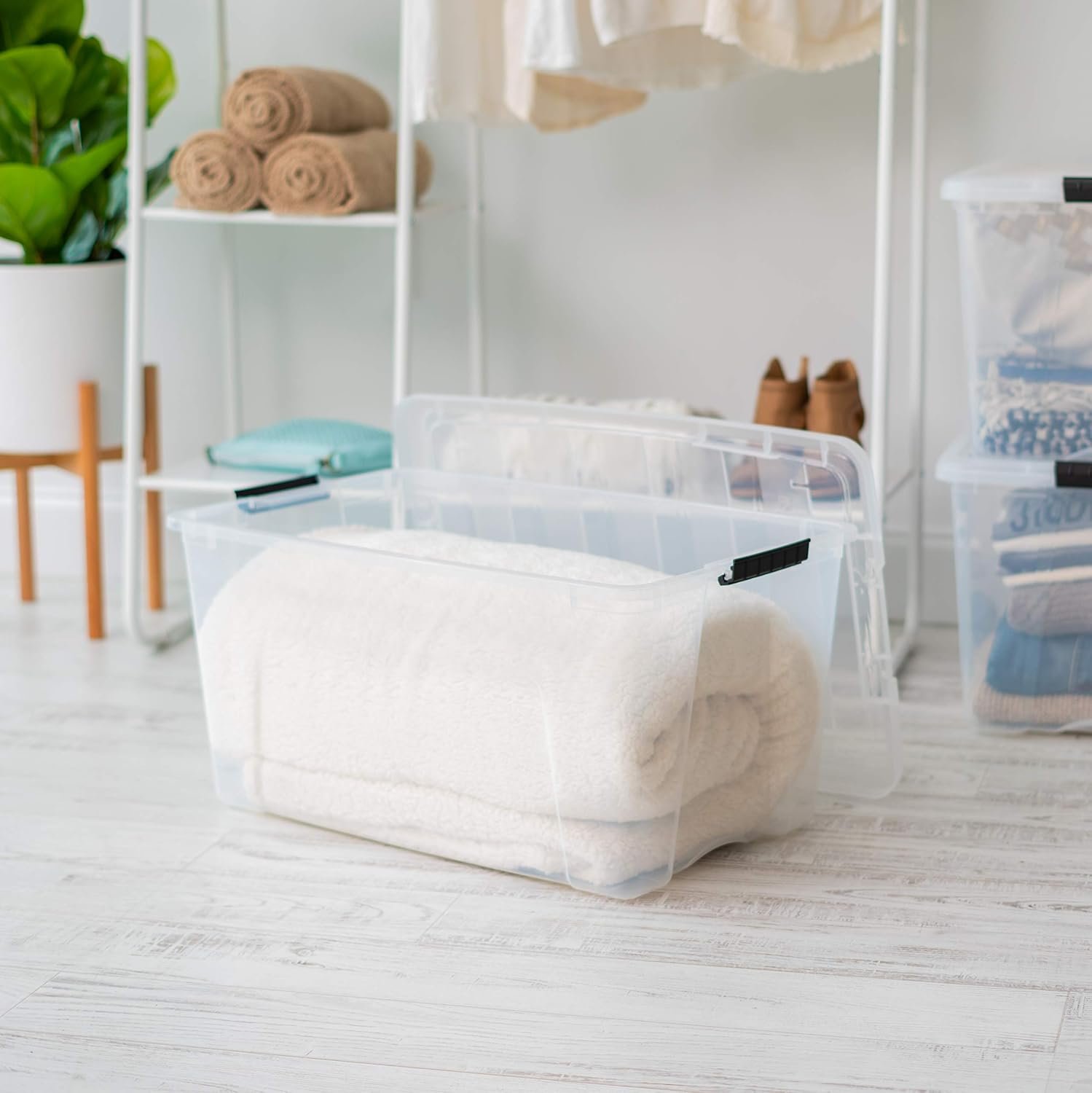 Custom Logo 72 QT Plastic Storage Box with Lid and Latches 4 Pack - Private Label BPA-Free See-Through Durable Nestable Stackable Containers Secure Pull Handle - Clear from Factory