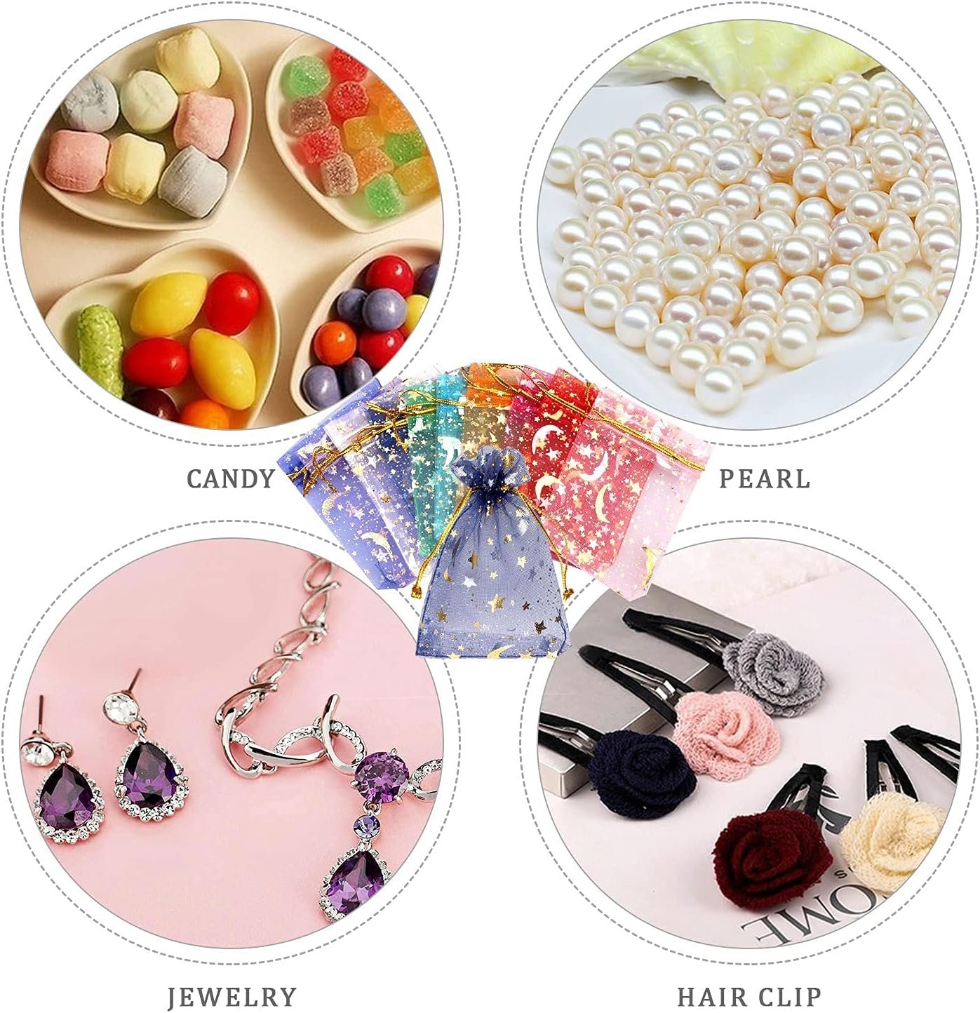 Custom Logo 100 Pieces 2.7x3.5 Inch Moon Star Organza Jewelry Candy Private Label Favor Bags Random Color Drawstring Pouches for Wedding Birthday Easter Party Manufacturer