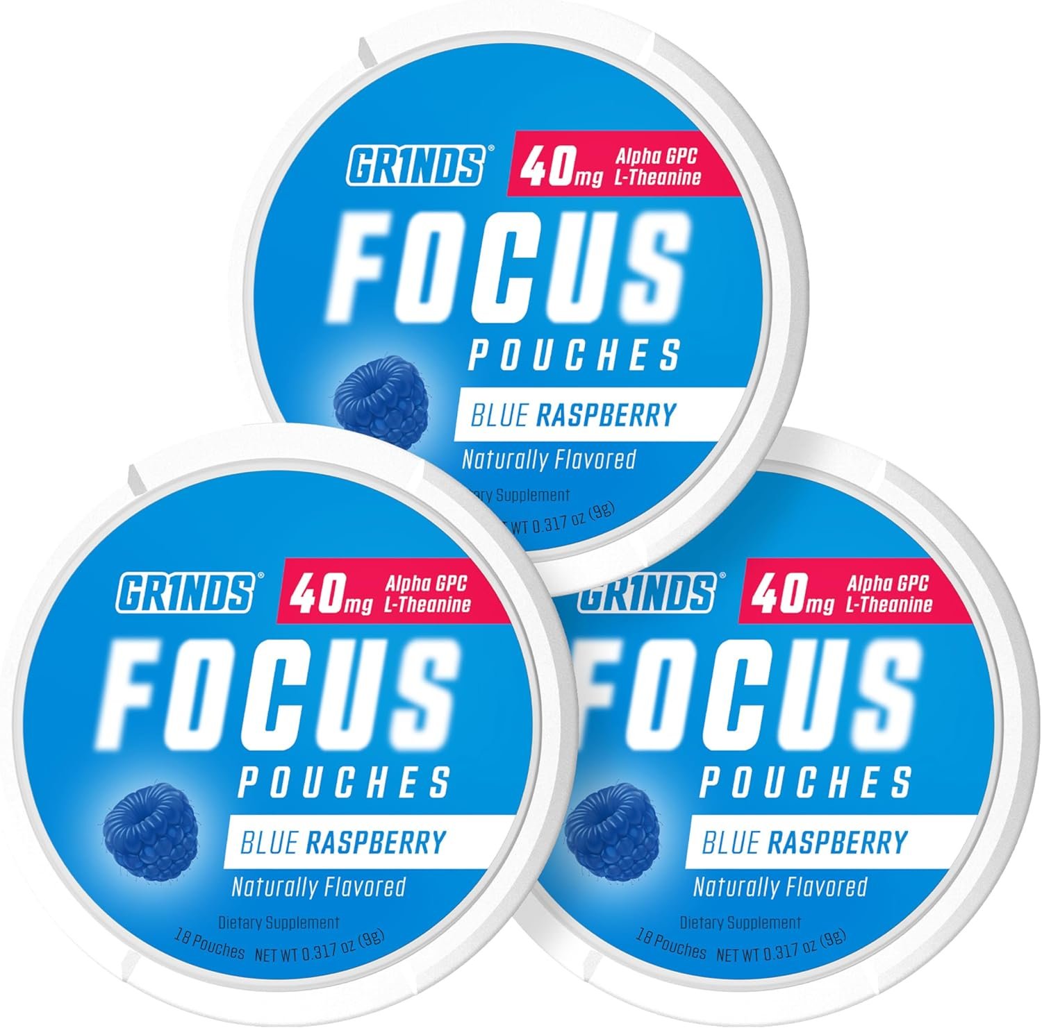 Custom Logo Focus Pouches Naturally Flavored with Nootropic Ingredients Alpha GPC and L-Theanine Private Label Nicotine-Free Sugar-Free 3 Pack 18 Pouches Per Can Blue Raspberry Manufacturer