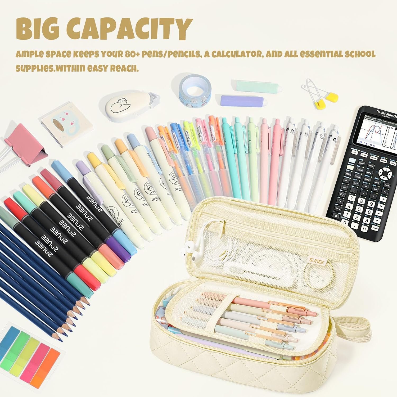 Custom Logo Cute Pencil Case Large Capacity Pencil Pouch Aesthetic Zipper Pencil Bag Private Label Big Storage Pen Organizer Soft Quilted Pencil Box Back to School Supplies for Teen Girls Boys Cream Manufacturer