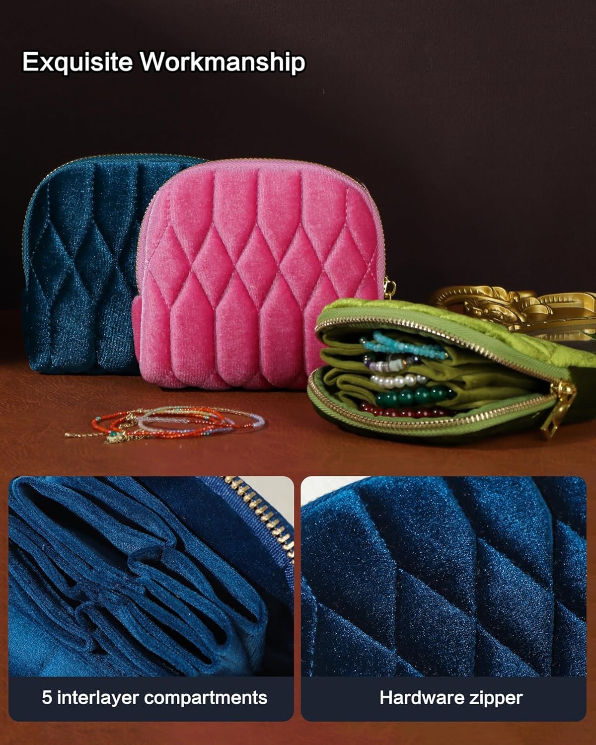 Custom Logo Small Mini 5-Layer Travel Jewelry Zipper Pouch - Private Label Velvet Organizer for Bracelets Rings Earrings Diamond Stitched Rose Purple Manufacturer