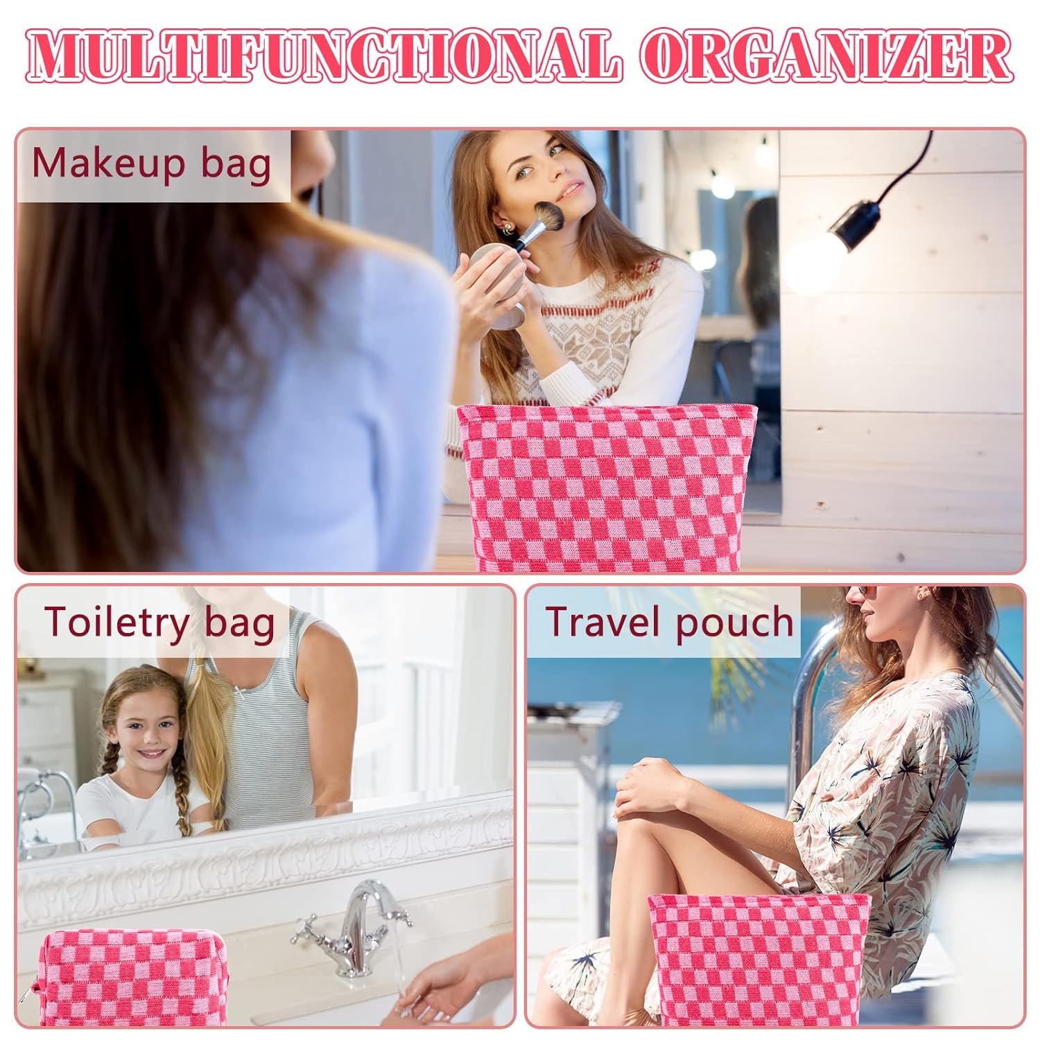 Custom Logo 3Pcs Checkered Makeup Cosmetic Bag Set Travel Toiletry Large Small Pouches for Purse Women Cute Preppy Pink Zipper Pencil Case Manufacturer Private Label Skincare Bags