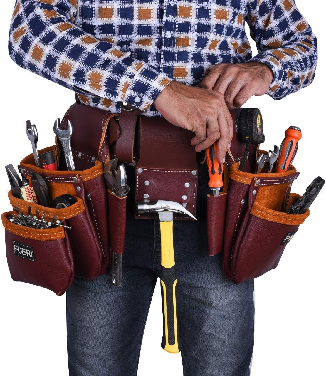 Manufacturer Full Grain Leather Tool Belts for Men Heavy-Duty Carpenter Tool Rig Organizer with 17 Pockets Hammer Holder 4 Suspender Loops Custom Logo Foam-Padded Belt for Framers and Electricians Private Label