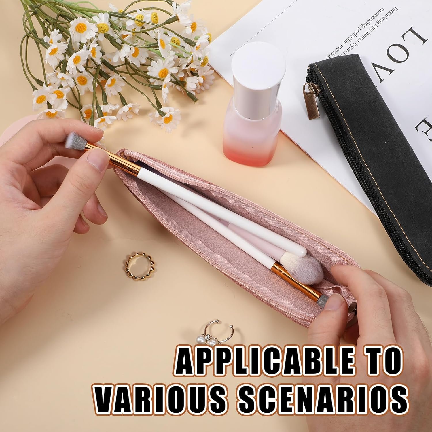 Custom Logo Leather Pencil Pouch 2 Pcs Slim Portable Small Pencil Case Soft Flat Pen Bag with Zipper Private Label Makeup Lipstick Case for Women Men Home Office Travel Manufacturer (Black Pink)