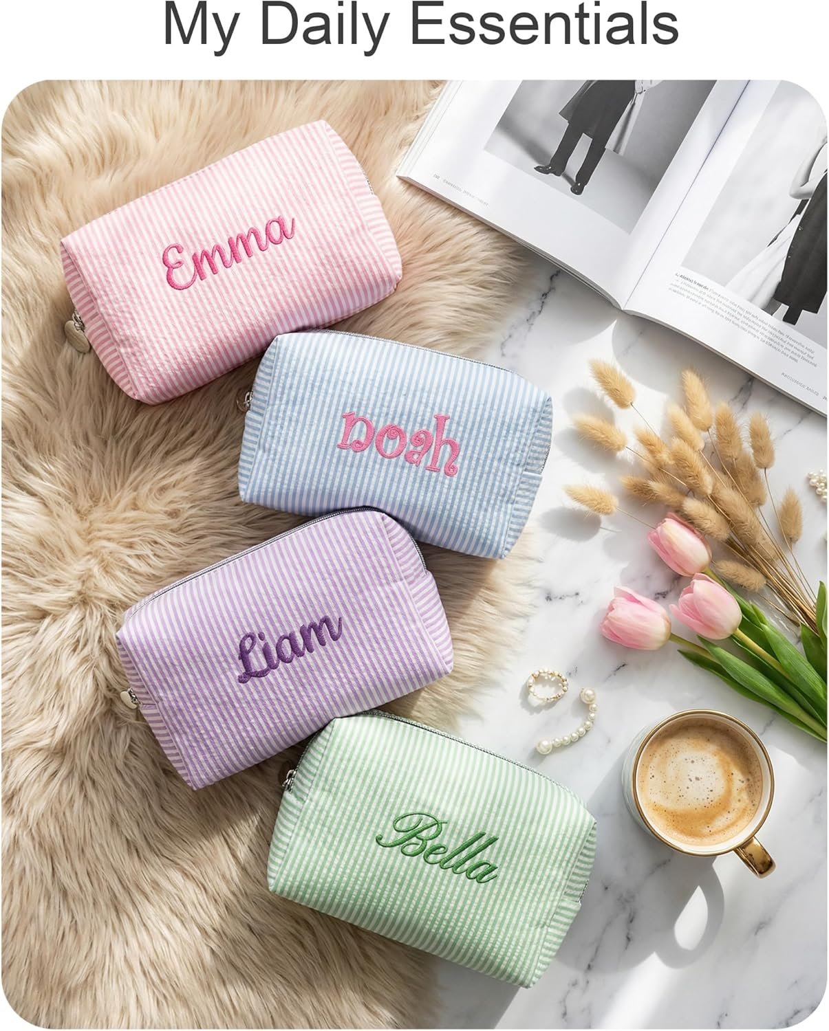 Custom Logo Seersucker Cosmetic Bag - Private Label Embroidered Name with Cute Icons - Monogrammed Cotton Striped Makeup Pouch for Bridesmaid Proposal Gifts and Travel Manufacturer