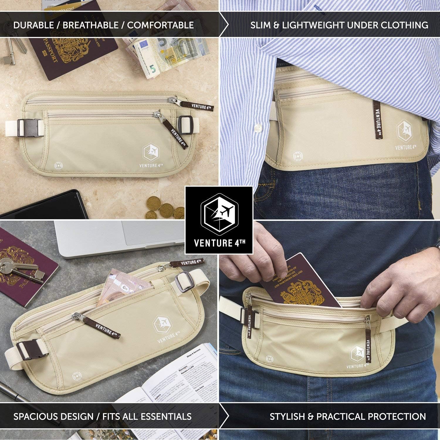 Private Label Money Belt for Travel Hidden Under-Clothes RFID Blocking Passport Holder Slim Pouch with Custom Logo for Men Women Protecting Cash Cards Documents Manufacturer (Beige)