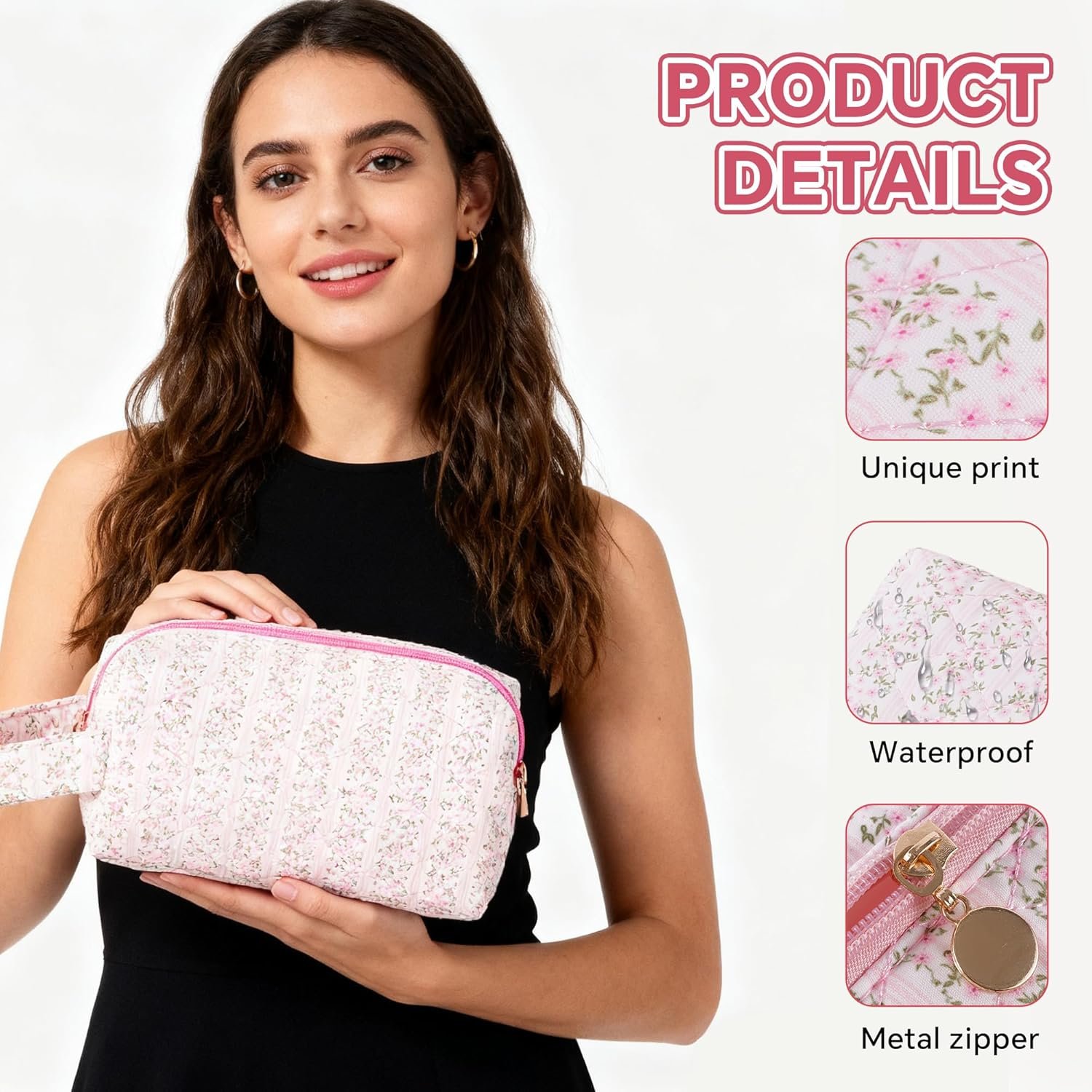 Private Label Large Capacity Travel Cosmetic Bag with Handle and Zipper Floral Makeup Organizer Custom Logo Toiletry Pouch for Women Pink Manufacturer