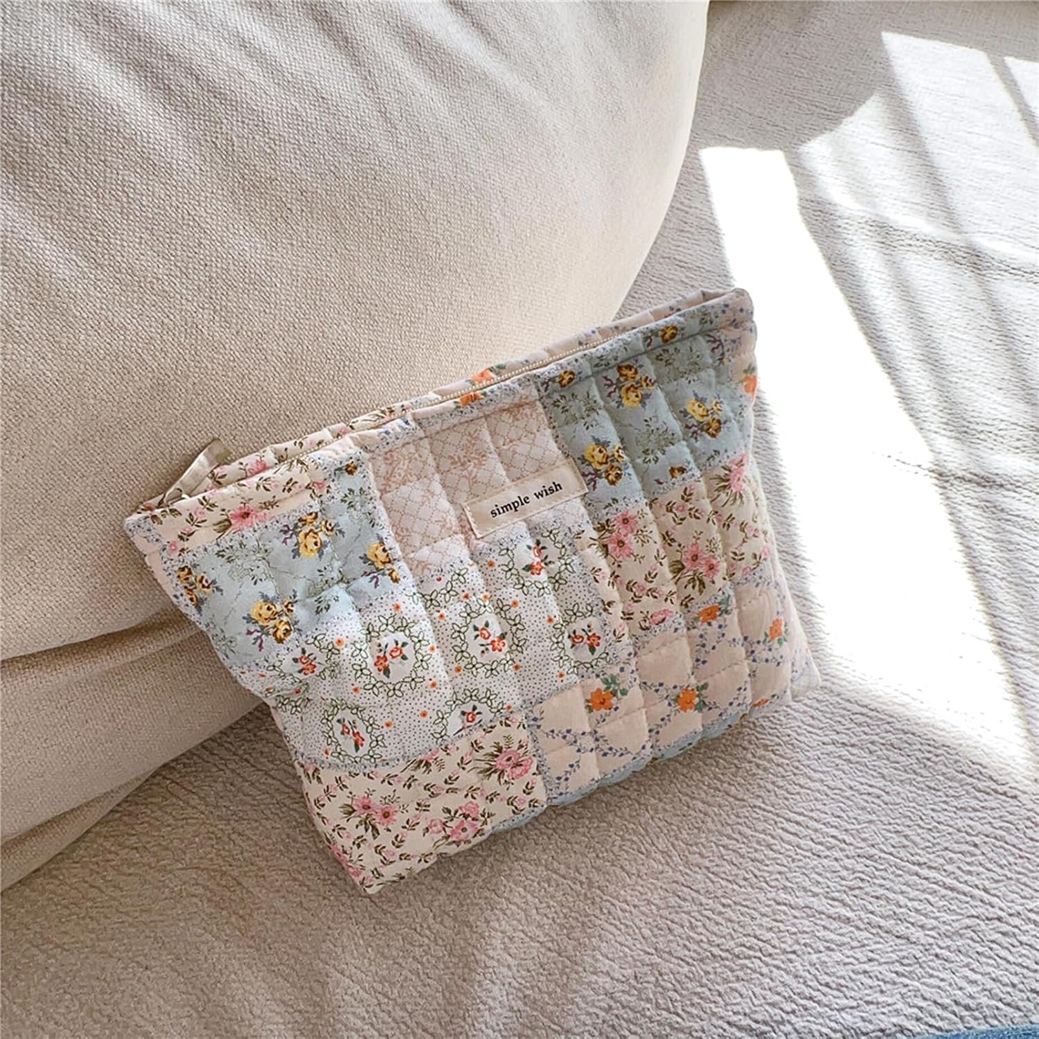 Custom Logo Floral Makeup Bag Pouch Large Capacity - Private Label Quilted Cosmetic Organizer for Travel Daily Aesthetic Cottagecore Cotton Toiletry Bag with Zipper Portable Gift for Women Direct Manufacturer (Blue Floral-L)