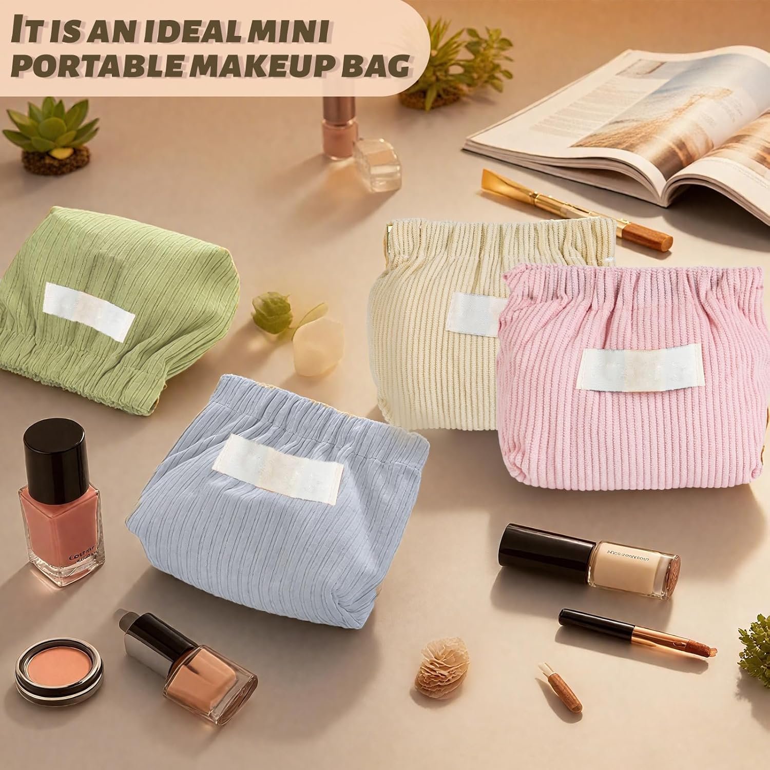Custom Logo 7-IN-1 Corduroy Makeup Bag Set (6 Bags + 1 Mirror) Squeeze-to-Open Private Label Mini Pouch for Purse No-Zipper Cosmetic Bag for Hair Ties Lipsticks Aesthetic Travel Organizer for Women Manufacturer