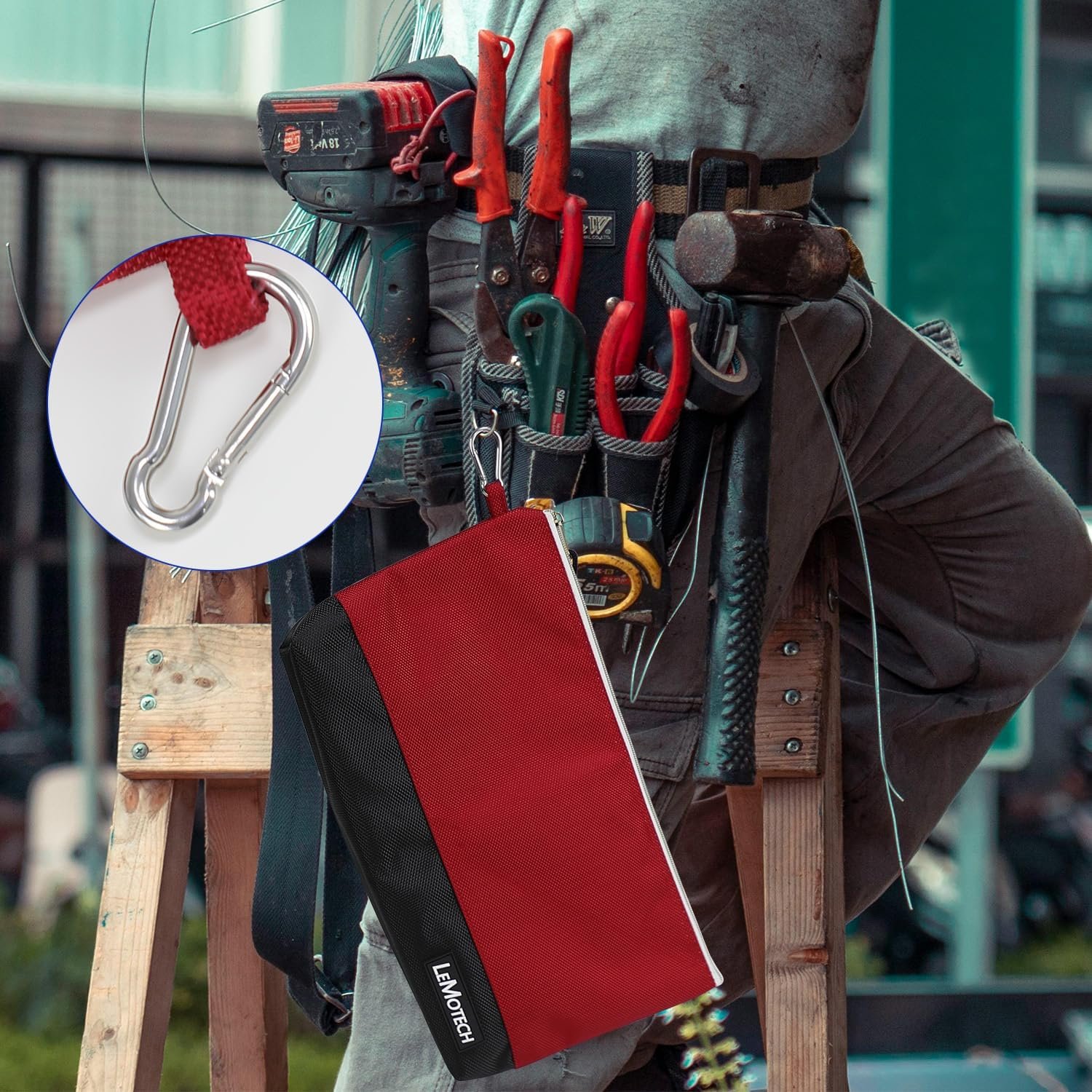 Private Label Stand-Up Zipper Tool Bag with Carabiners, Custom Logo Water Resistant Utility Pouch, 12x6.8-Inch Red/Brown/Blue/Olive 4 Pack Manufacturer