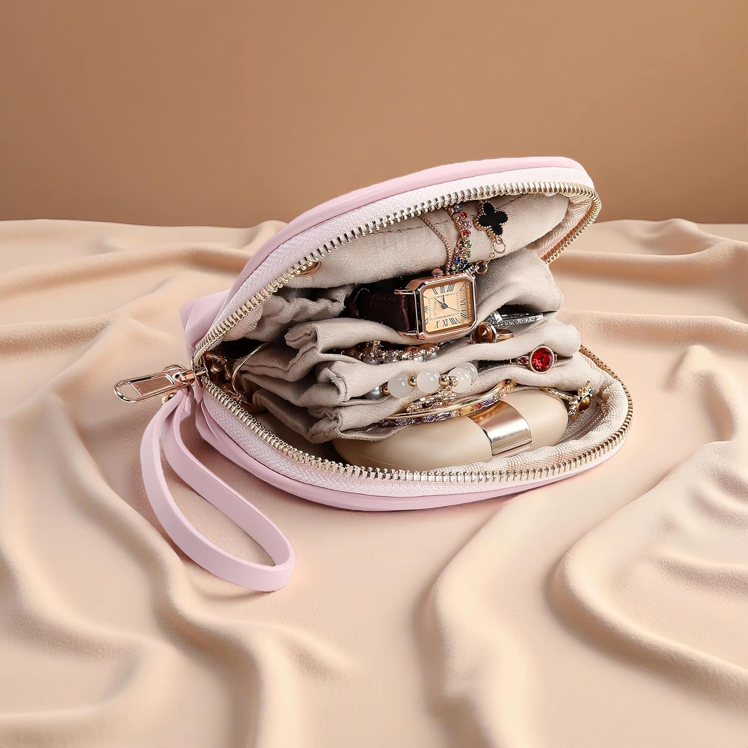 Private Label Small Travel Jewelry Organizer Storage Pouch - Velvet Mini Case with Custom Logo for Women Compact Zipper Bag for Bracelets Rings Earrings Manufacturer Essential Travel Accessory Gift Pink