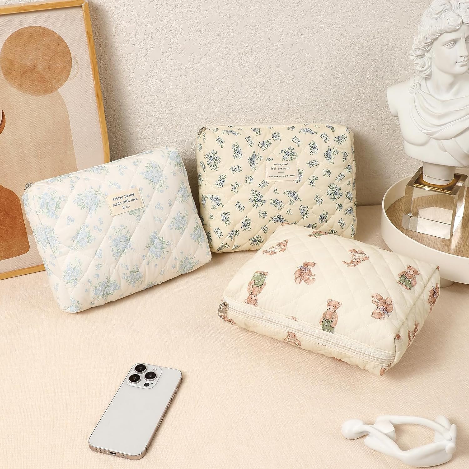 Custom Logo Quilted Cotton Makeup Bag 2Pcs, Private Label Large Soft Floral Coquette Cosmetic Travel Toiletry Bag Manufacturer for Women and Girls