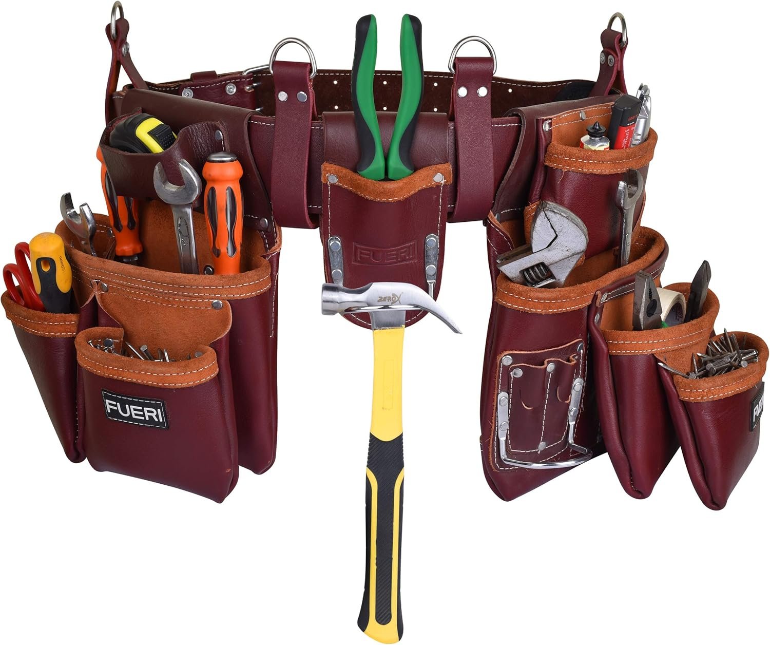 Private Label Heavy-Duty Leather Tool Belts for Men Carpenter Tool Rig Organizer With 19 Pockets-2 Pouches From Supplier Double Hammer Holder Suspender Loops Foam-Padded Belt for Framers Electricians Custom Logo