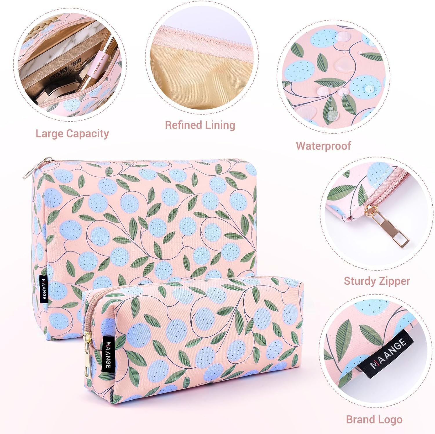 Custom Logo 2PCS Makeup Bag for Women Cosmetic Bag Set Portable Travel Organizer Manufacturer Impermeable Oxford Cloth Gold Zipper Pink Plants Private Label Bolsa de Maquillaje