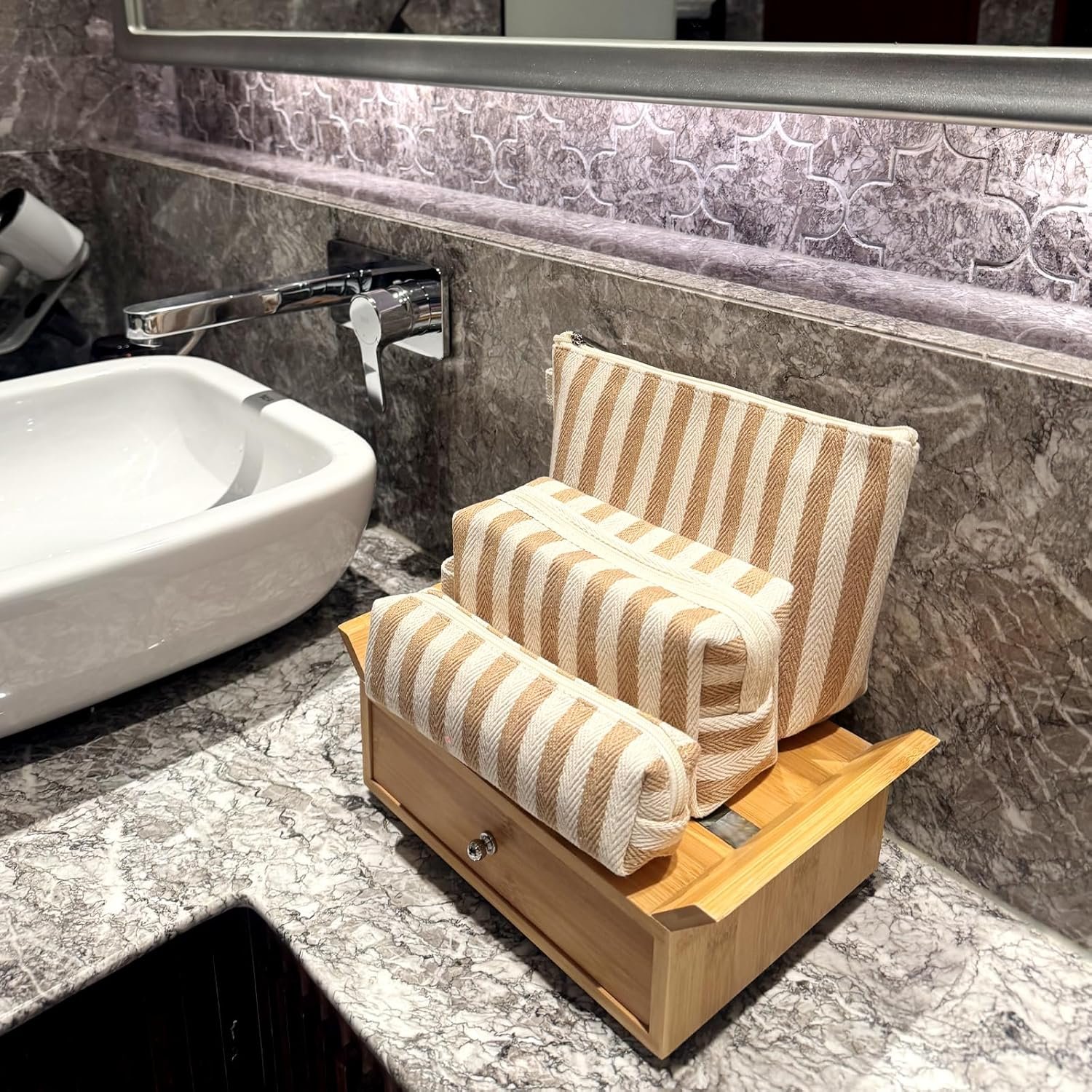 Custom Logo 3 Pcs Striped Canvas Makeup Bag Set Private Label Cosmetic Purse for Women Travel Toiletry Pouch Organizer Pencil Case Manufacturer (Blue-White)