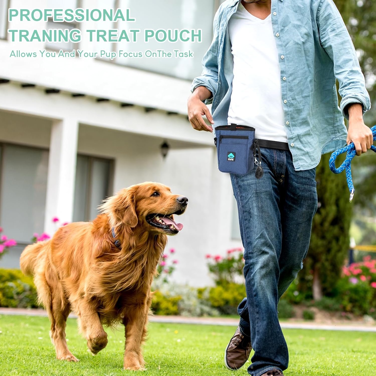 Private Label Dog Treat Pouch with Magnetic Closure Training Clicker Hands-Free Spill-Proof Design Built-in Poop Bag Dispenser Custom Logo 3 Ways to Wear Metal Clip Waist Belt Fanny Pack for Pet Walking by Manufacturer (Blue)