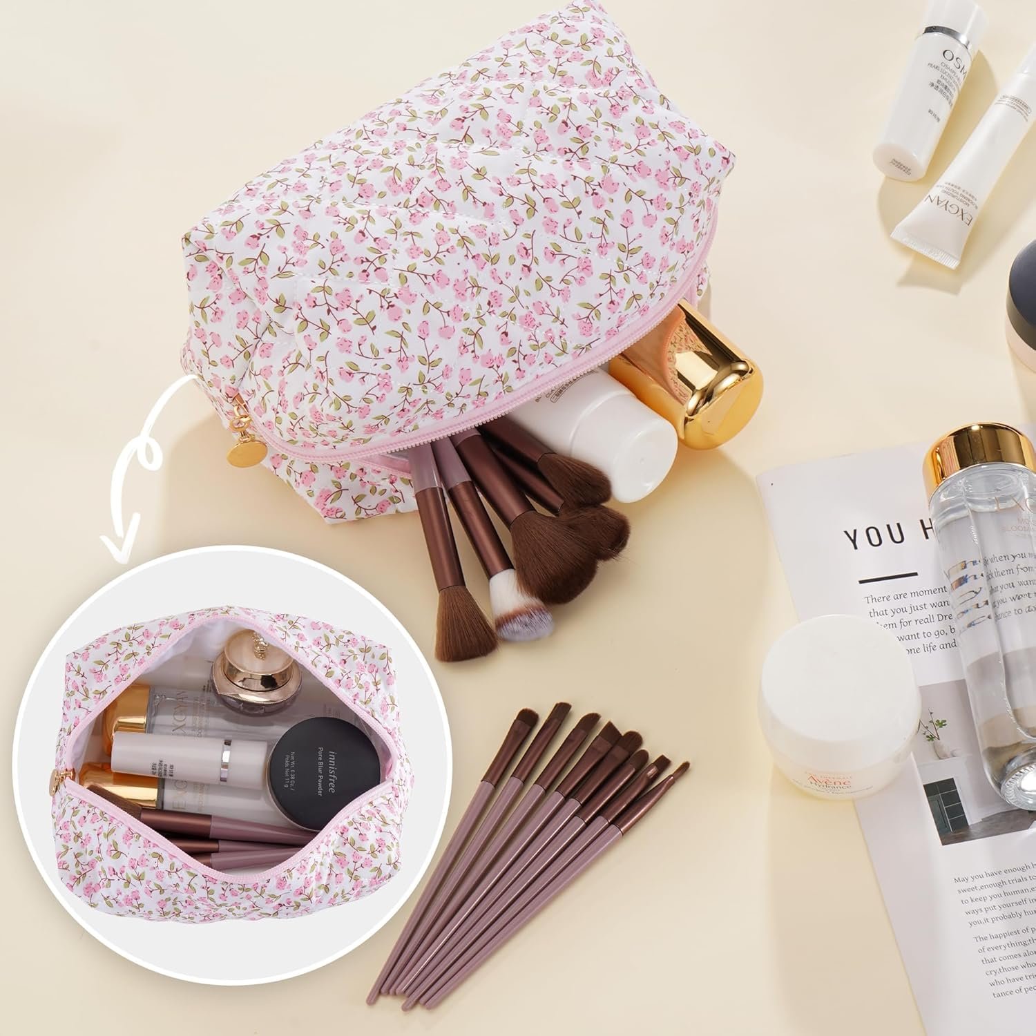 Private Label Small Makeup Travel Toiletry Bag for Women Custom Logo Cute Quilted Cotton Cosmetic Pouch Floral Pencil Case Accessory Pink Manufacturer