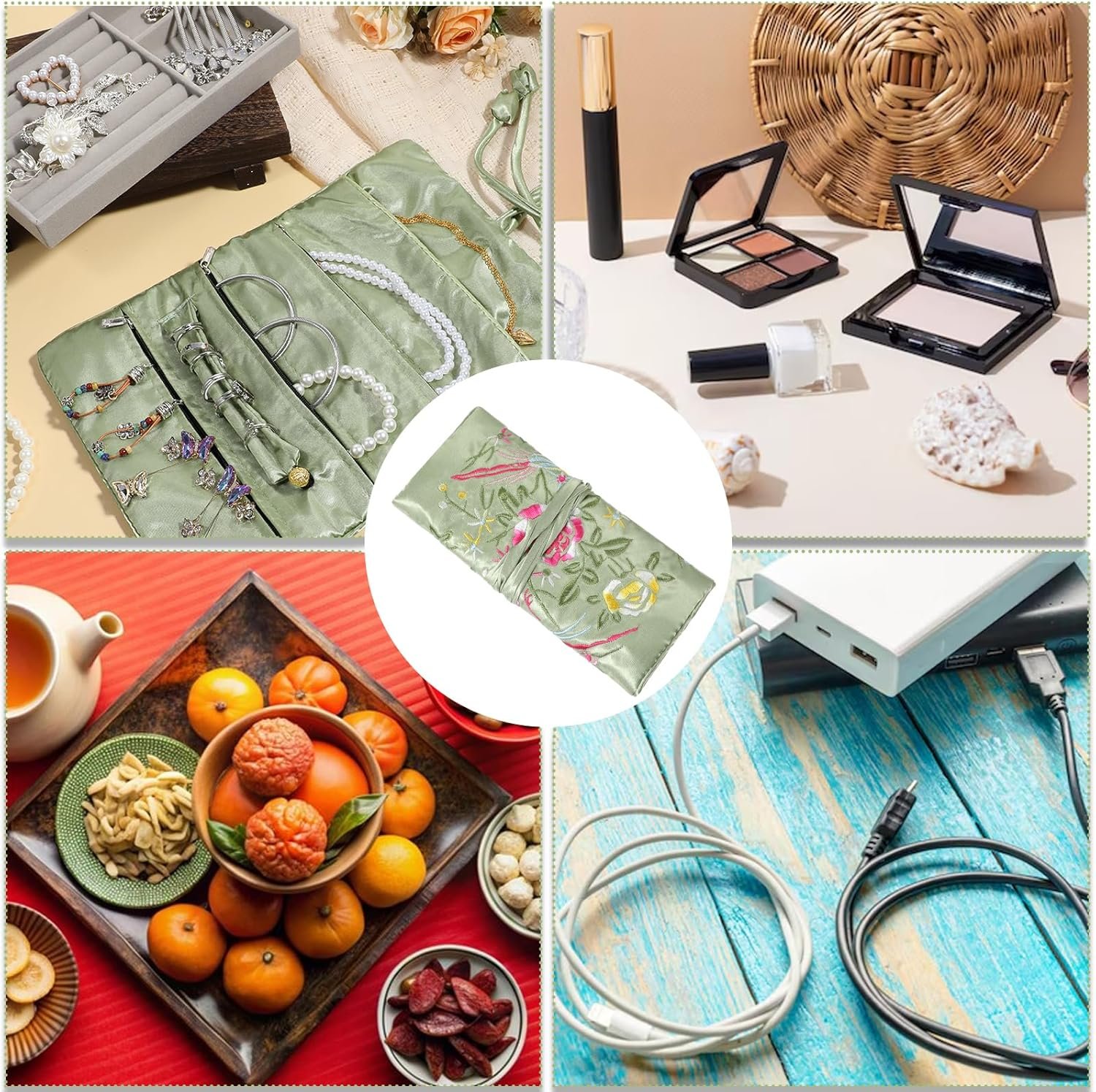 Custom Logo Embroidery Travel Jewelry Organizer Roll Private Label Embroidered Flower and Bird Brocade with Tie Foldable Ancient Style Pouch Manufacturer