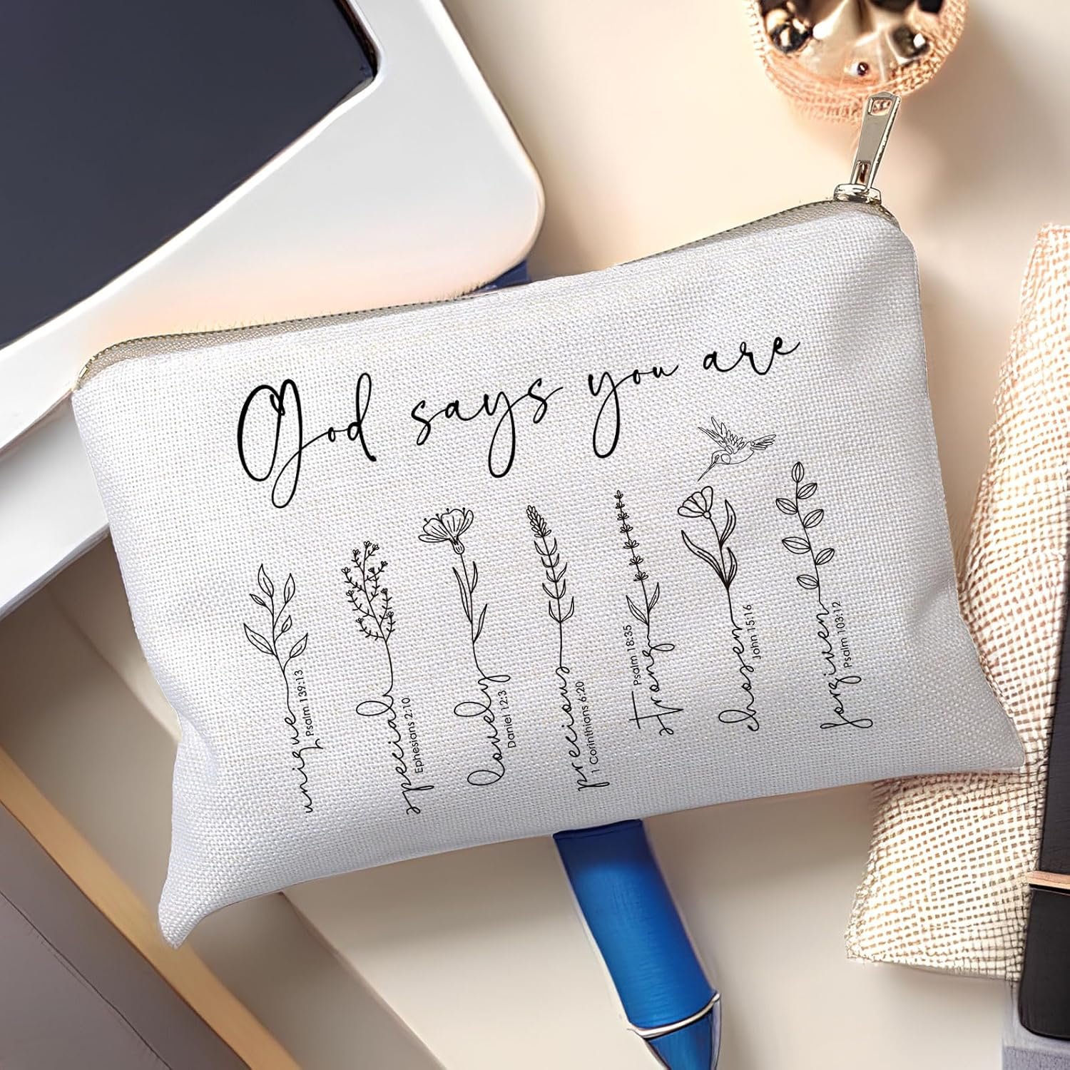 Custom Logo God Says You Are Cosmetic Bag Christian Bible Verse Floral Makeup Case for Women Private Label Inspirational Christmas Affirmations Gift Manufacturer