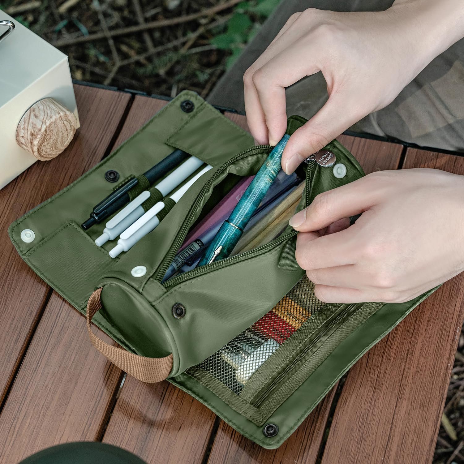 Private Label Large Capacity Pencil Case Roll Up Design Custom Logo Multifunctional Pencil Holder Pouch Stationery Pen Bag Manufacturer for Teen Girls and Boys Camping Style Green