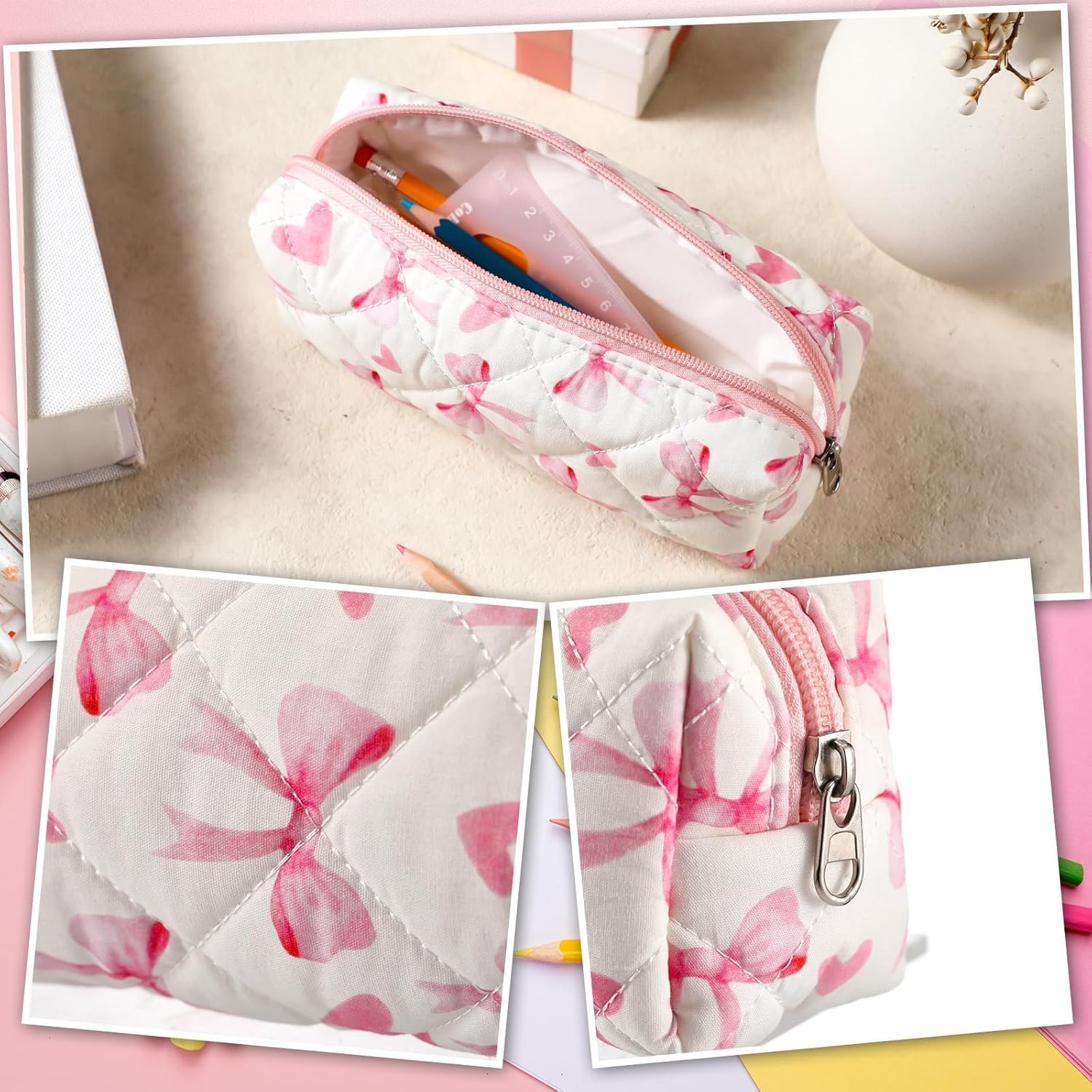 Custom Logo Coquette Bow Pink Pencil Case Cute Soft Cotton Pouch Aesthetic Pattern Storage Bag Private Label Makeup Cosmetic Travel Bag Supplier
