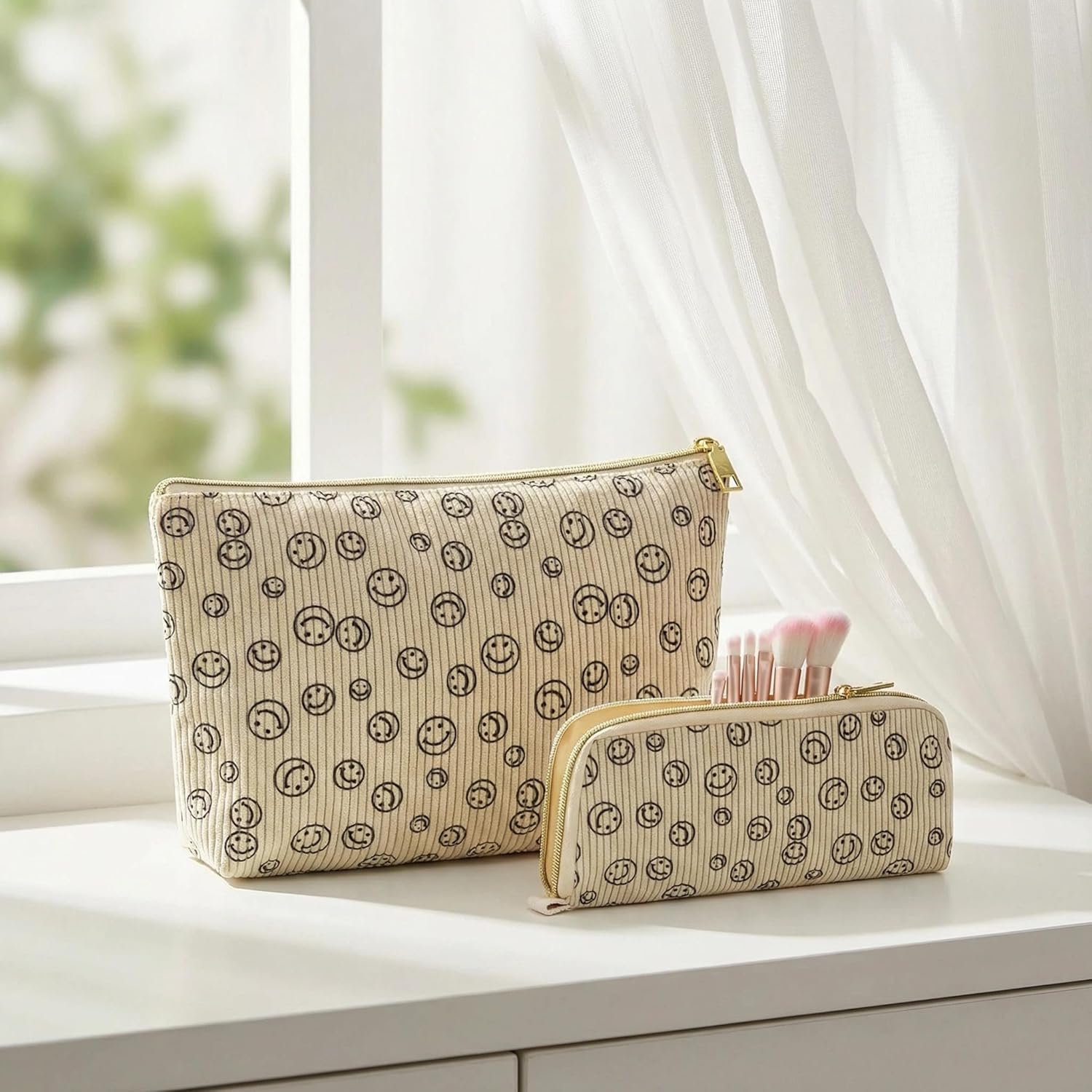 Private Label Small Cosmetic Bags for Women Corduroy Smiley Makeup Bag with Custom Logo Zipper Pouch Portable Toiletry Organizer for Travel Purse and Daily Use 2-Piece Set Direct from Manufacturer