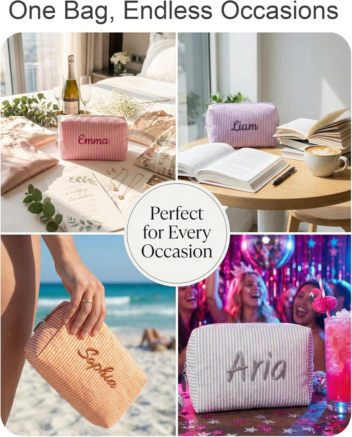 Custom Logo Seersucker Cosmetic Bag - Private Label Embroidered Name with Cute Icons - Monogrammed Cotton Striped Makeup Pouch for Bridesmaid Proposal Gifts and Travel Manufacturer