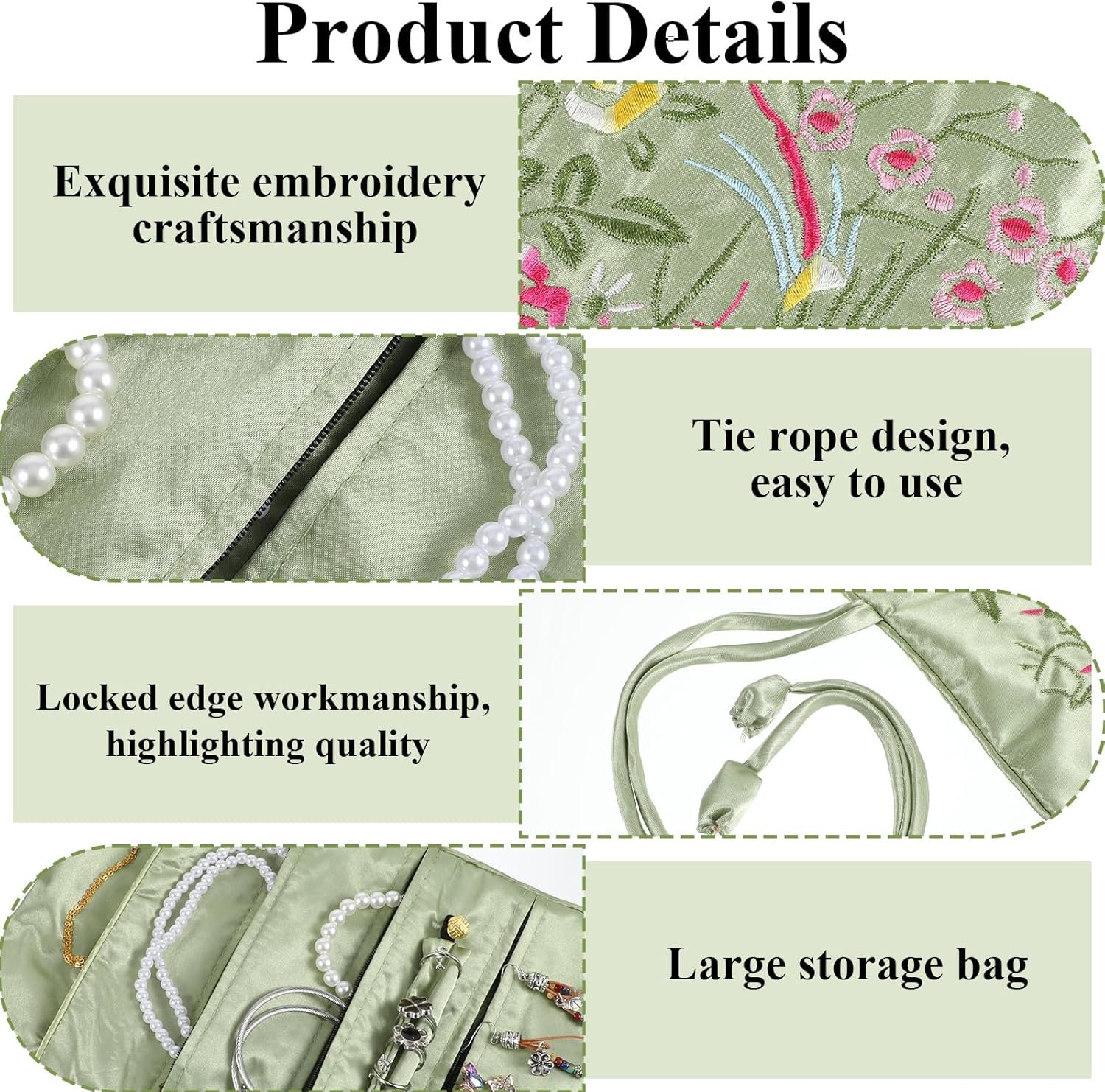 Custom Logo Embroidery Travel Jewelry Organizer Roll Private Label Embroidered Flower and Bird Brocade with Tie Foldable Ancient Style Pouch Manufacturer