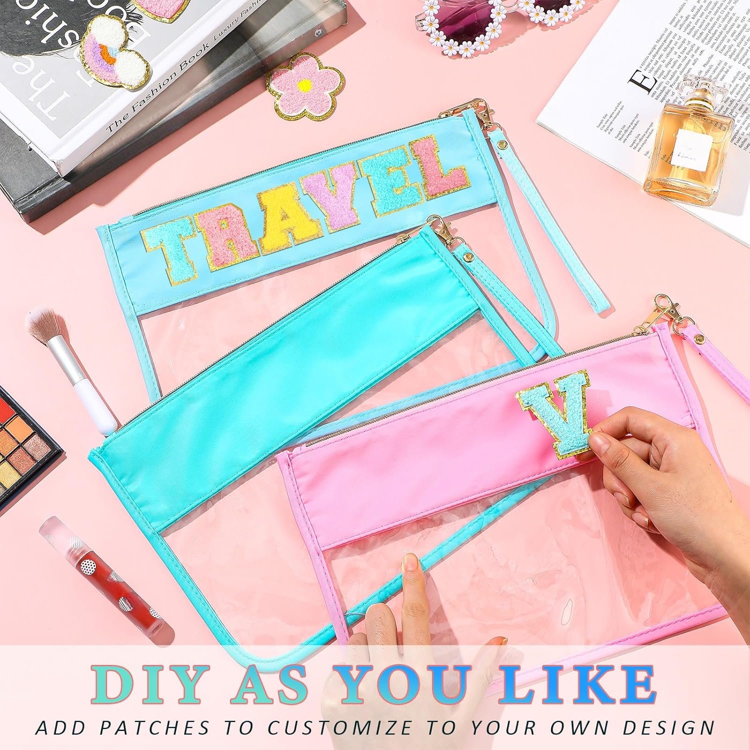 Custom Logo 3 Pcs Clear Zipper Pouches Nylon Makeup Bags Set Cosmetic Waterproof DIY Organizer Travel Toiletry Portable Storage Private Label Preppy PVC Flat Pouch Manufacturer Pink Green Blue for Women Girls