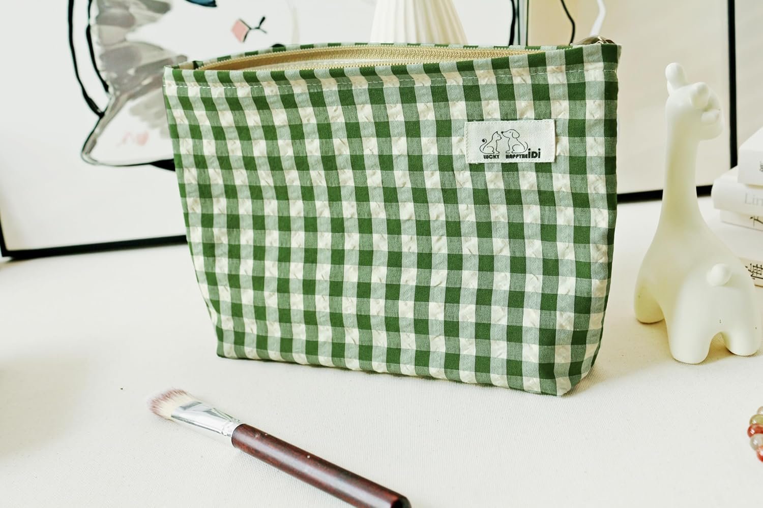 Custom Logo Large Cute Green Checker Makeup Bag with Compartment Private Label Cosmetic Travel Pouch Nylon Fabric Purse Organizer Canvas Lined Beige Plaid Supplier
