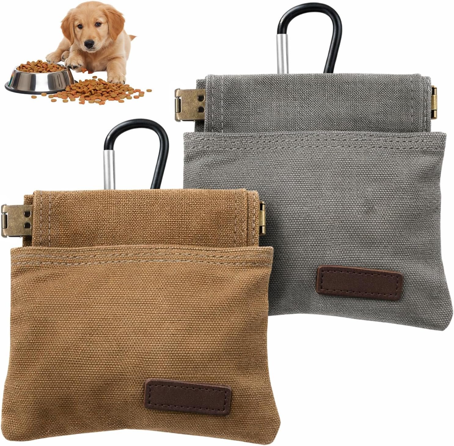 Custom Logo 2Pcs Hands-Free Dog Treat Pouch with Carabiner, Portable Auto-Closing Puppy Snack Bag for Walking Training Private Label Manufacturer Brown & Grey